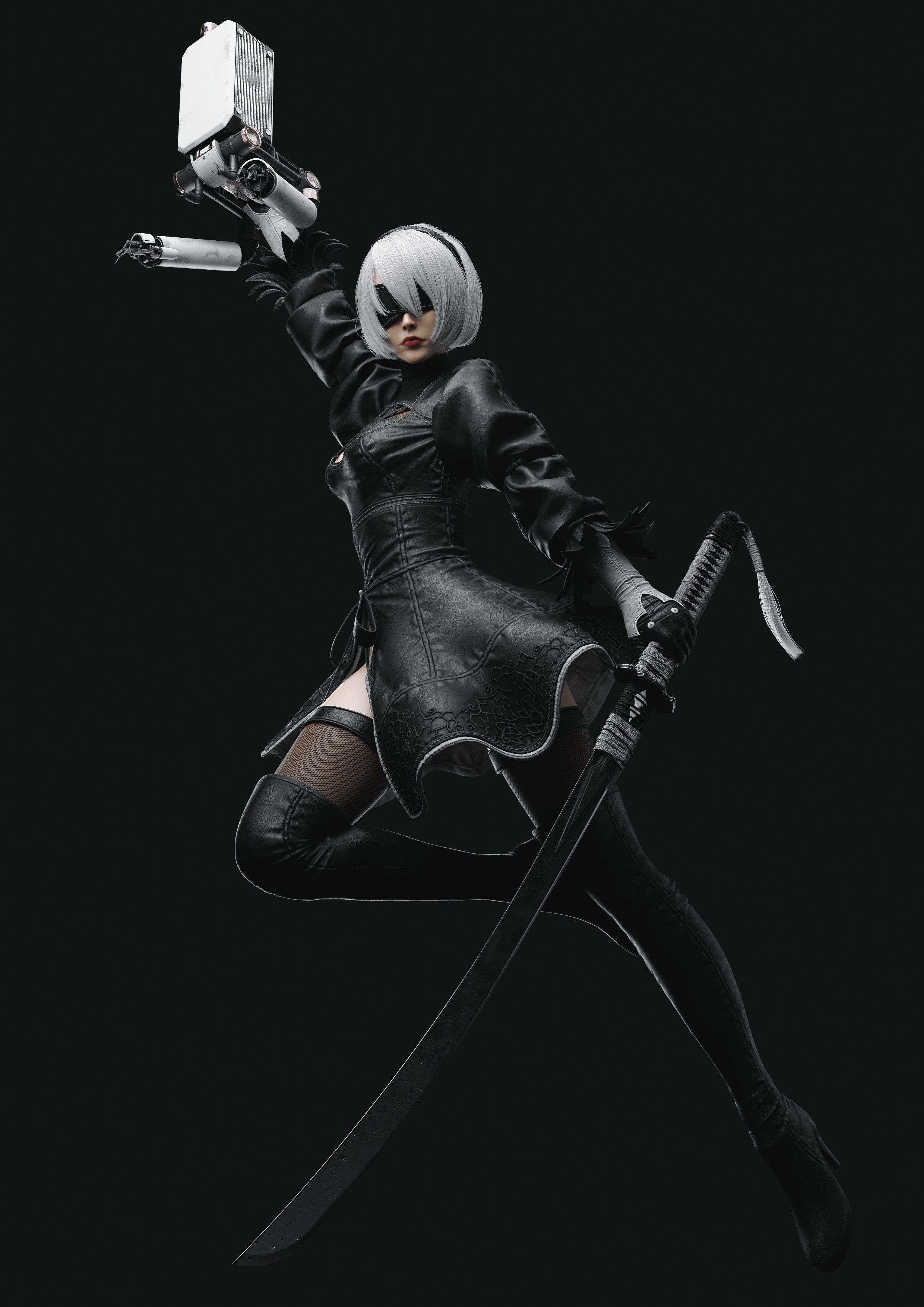 Dylan Kowalski CGi Nier Automata 2B Androids Black Clothing Thigh Highs Weapon Katana Dress Simple B 2480x3508