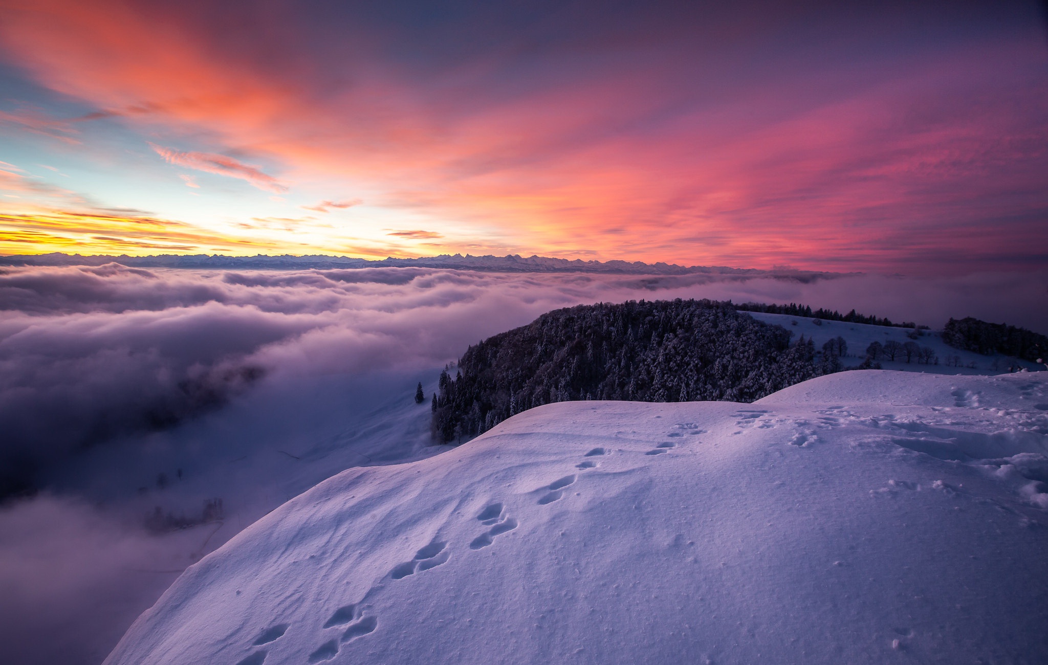 Fog Mountain Nature Snow Sunset Winter 2048x1300