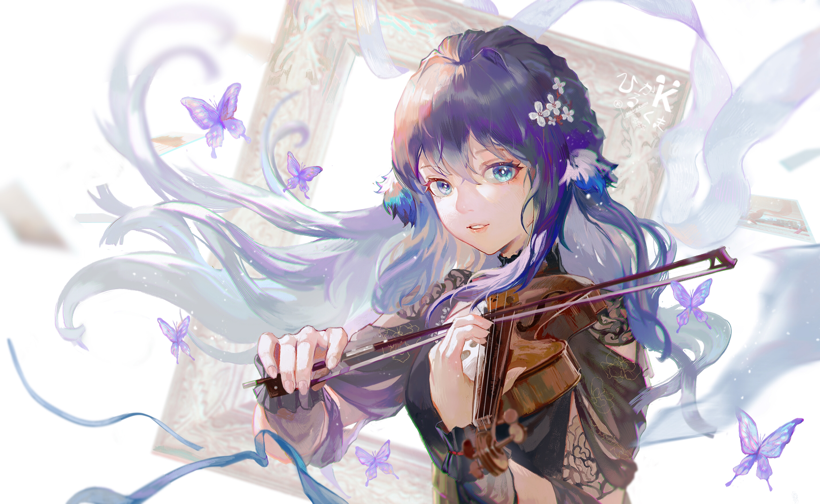 Anime Anime Girls Blue Eyes Butterflies Ribbons Long Hair Blue Hair Flower In Hair Looking At Viewer 2856x1758