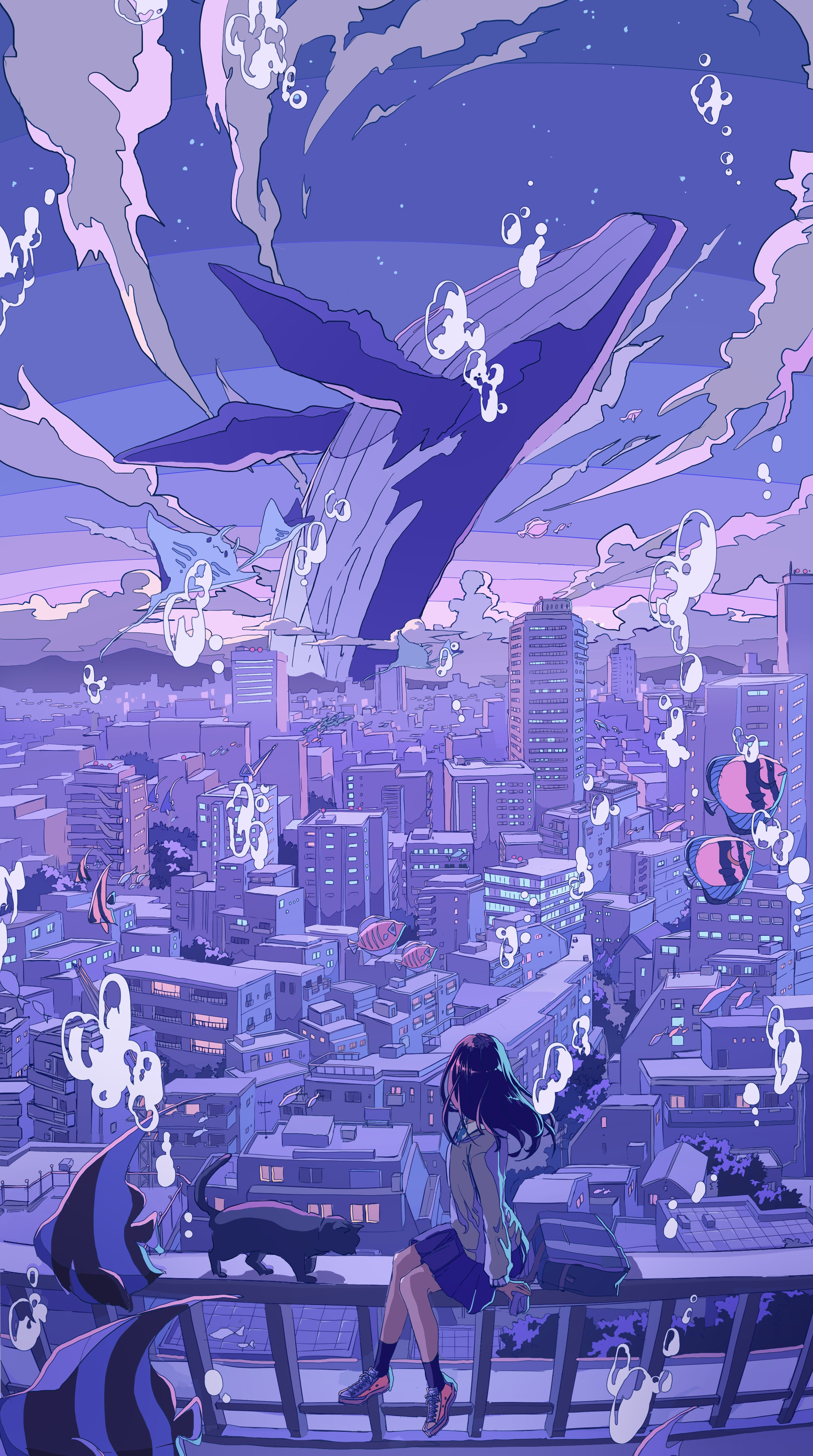 Anime Illustration Ichigoame Artwork Cityscape Whale Fish Cats Anime Girls 2287x4092