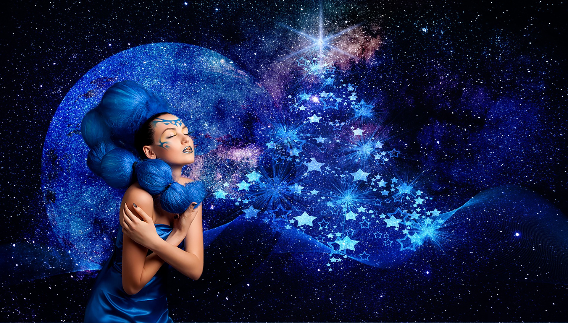 Asian Blue Blue Hair Braid Christmas Tree Moon Sky Stars 1920x1093