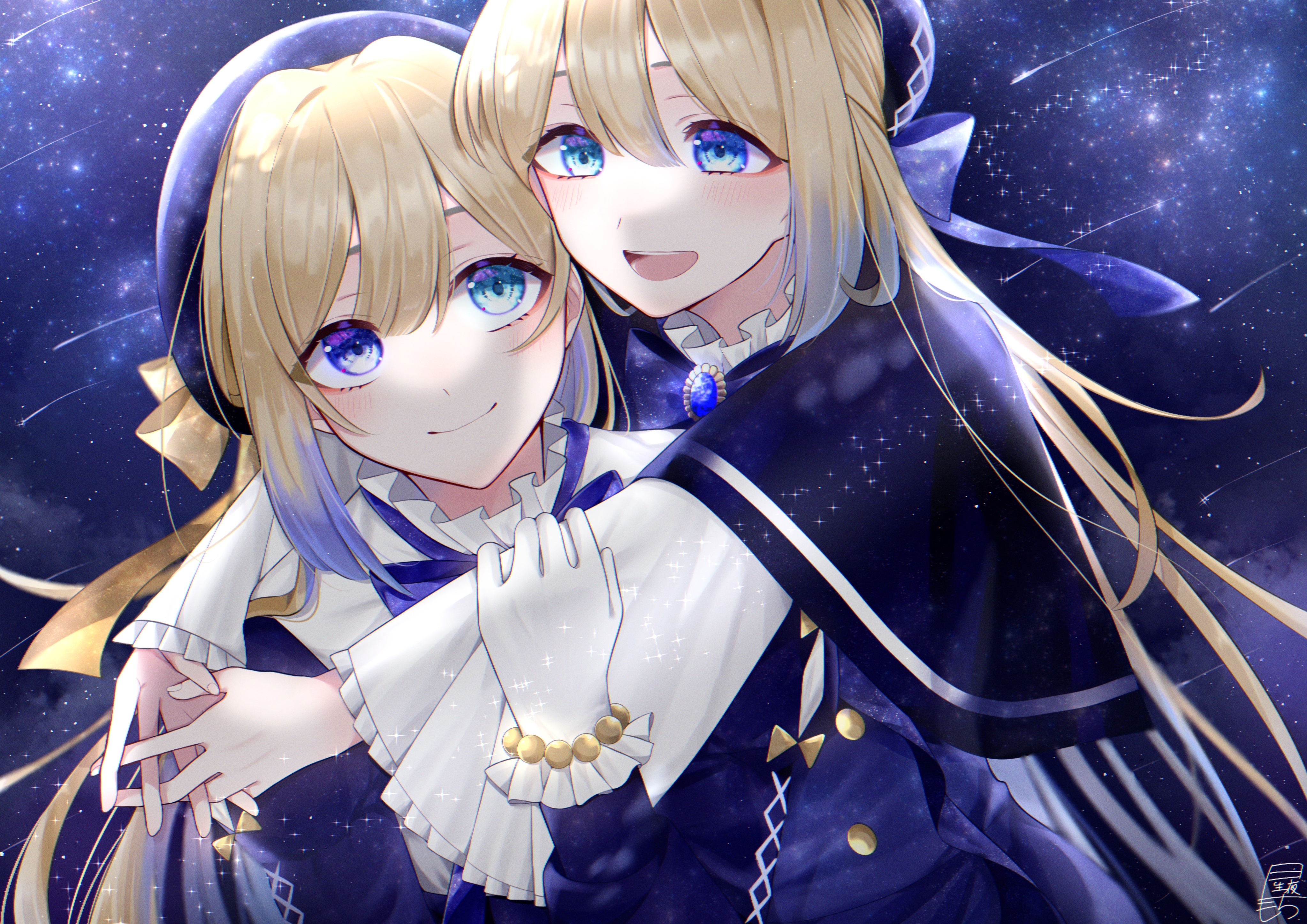 Anime Anime Girls Twins Original Characters Long Hair Hat Hug Blue Eyes Night Artwork Digital Art 4093x2894