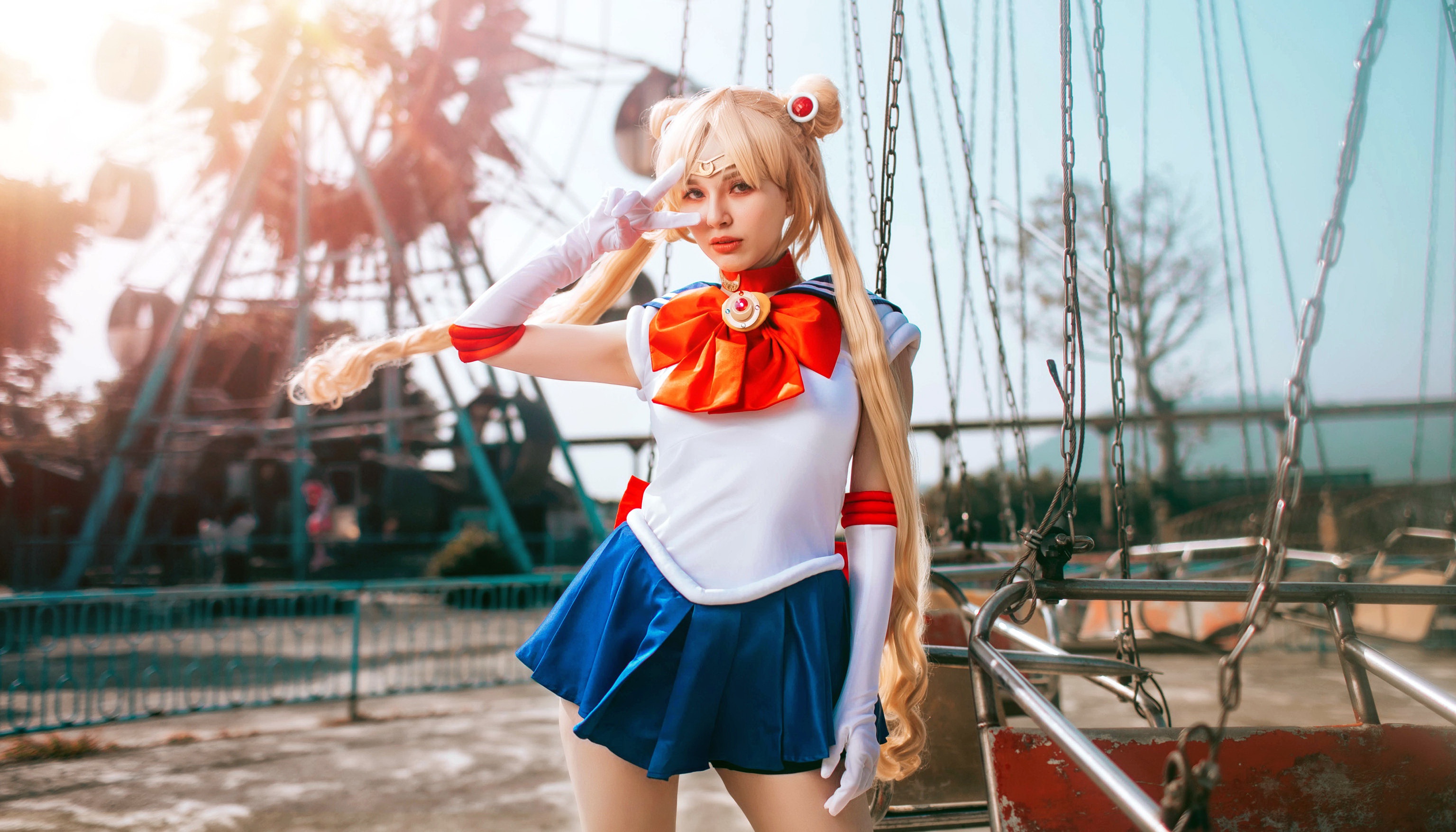 Asian Model Women Long Hair Blonde Twintails Depth Of Field Sailor Moon Cosplay Theme Parks Victory  3071x1755