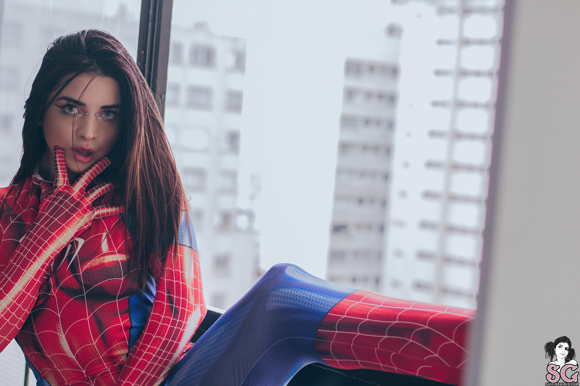 Women Model Brunette Long Hair Indoors Spider Man Cosplay Window Frames Piercing 2000x1333
