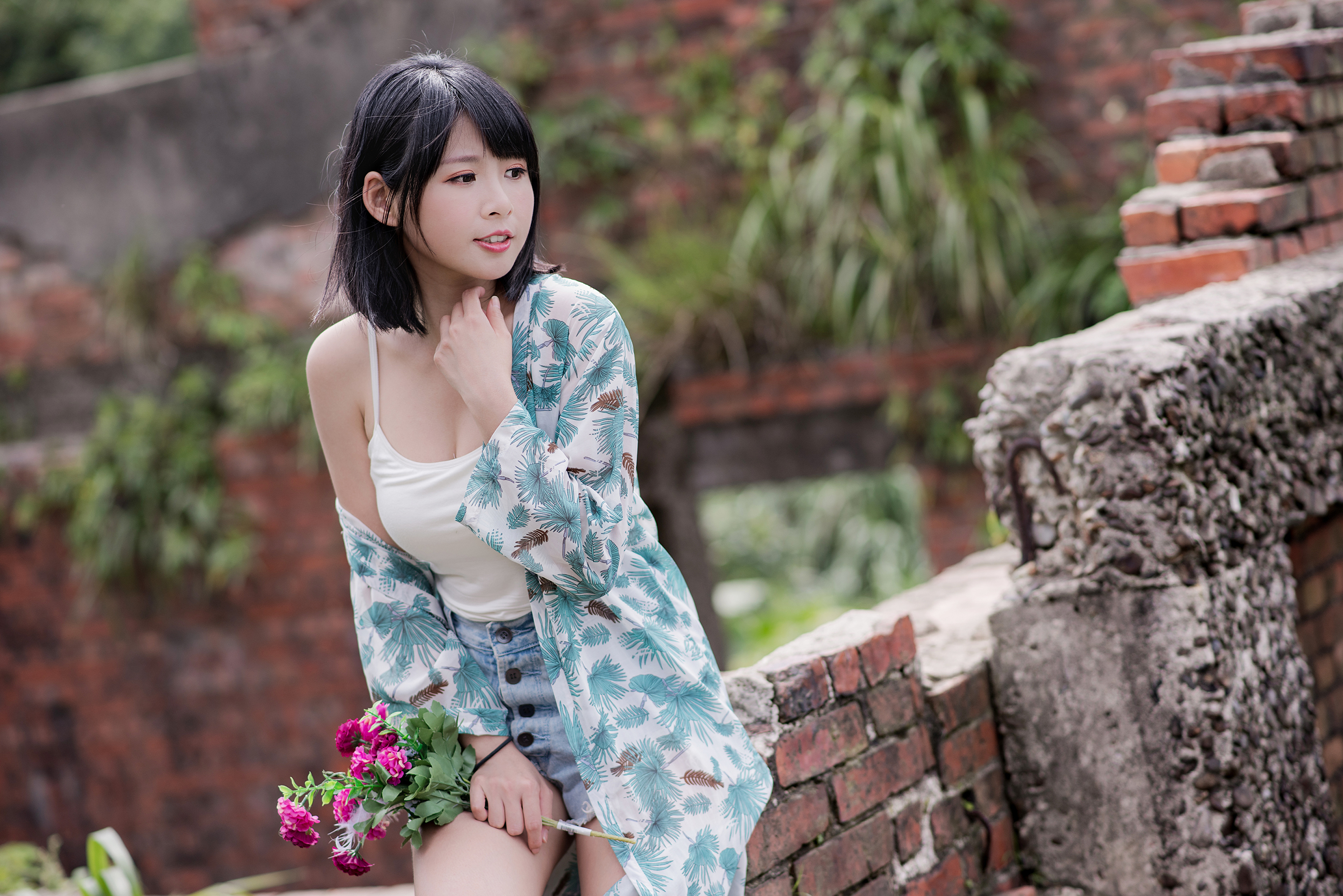 Asian Model Women Dark Hair Short Hair Shorts White Shirt Blouse Flowers Bricks Wall Depth Of Field  3840x2563