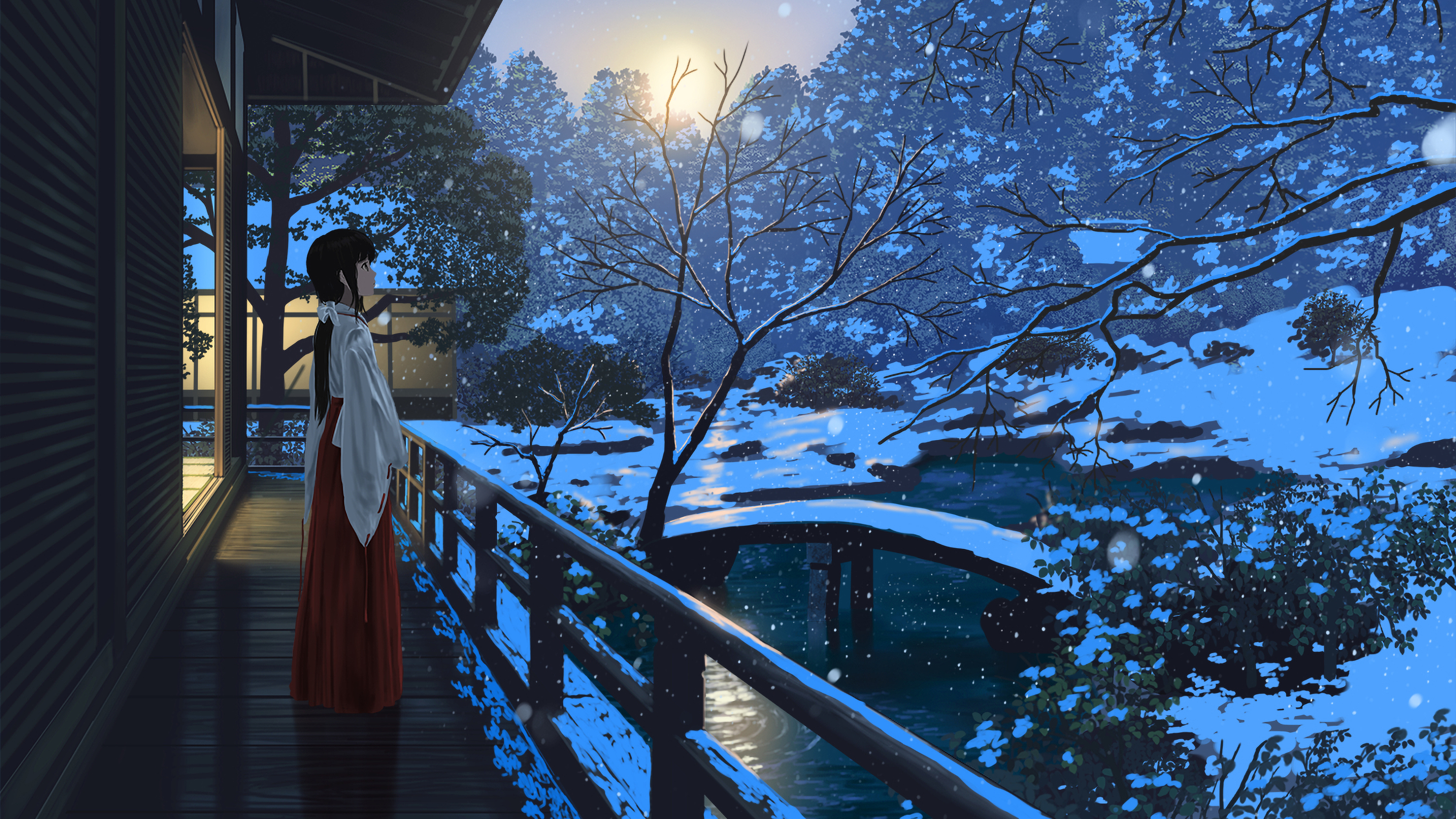 Anime Girls Kimono Alone Outdoors Bridge Wood House Trees Snowing Snow River Stream Sun Hair Bow Rai 3840x2160