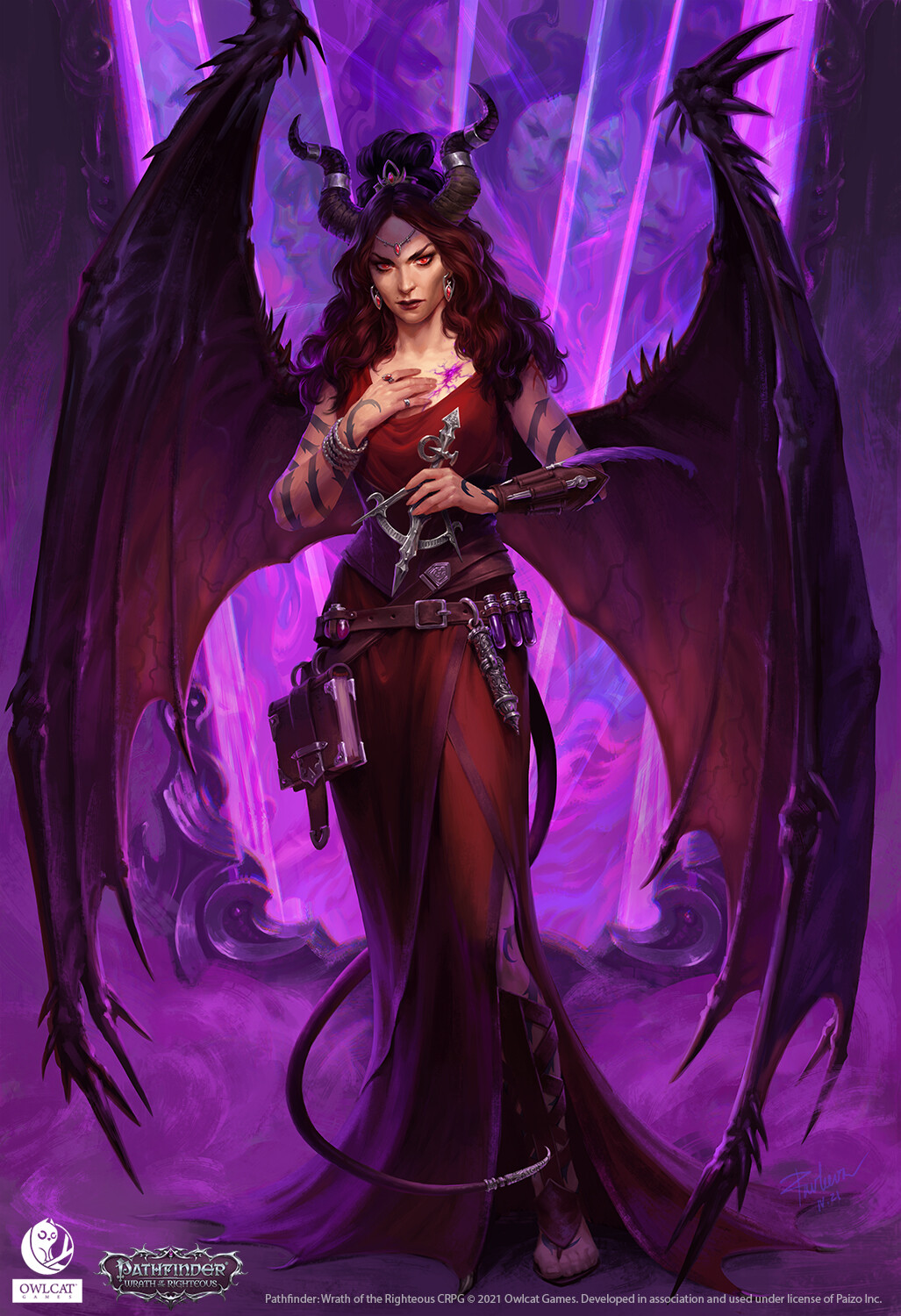 Anna Pavleeva Artwork Women Fantasy Girl Fantasy Art Horns Wings Red Dress Red Clothing Long Hair Re 1027x1500