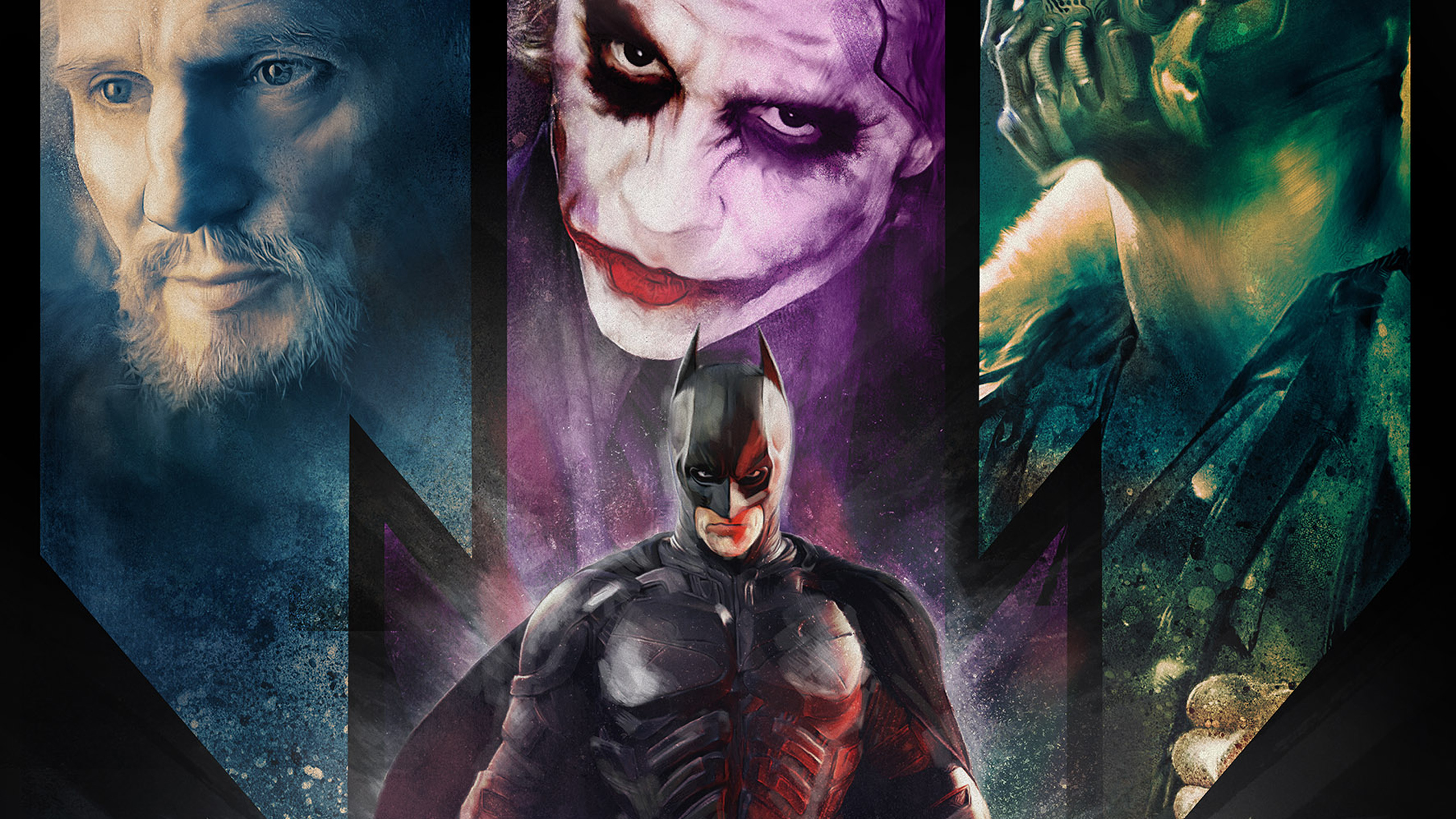 Movies Batman Begins The Dark Knight The Dark Knight Rises Collage Ras Al Ghul Joker Bane Batman Her 2560x1440