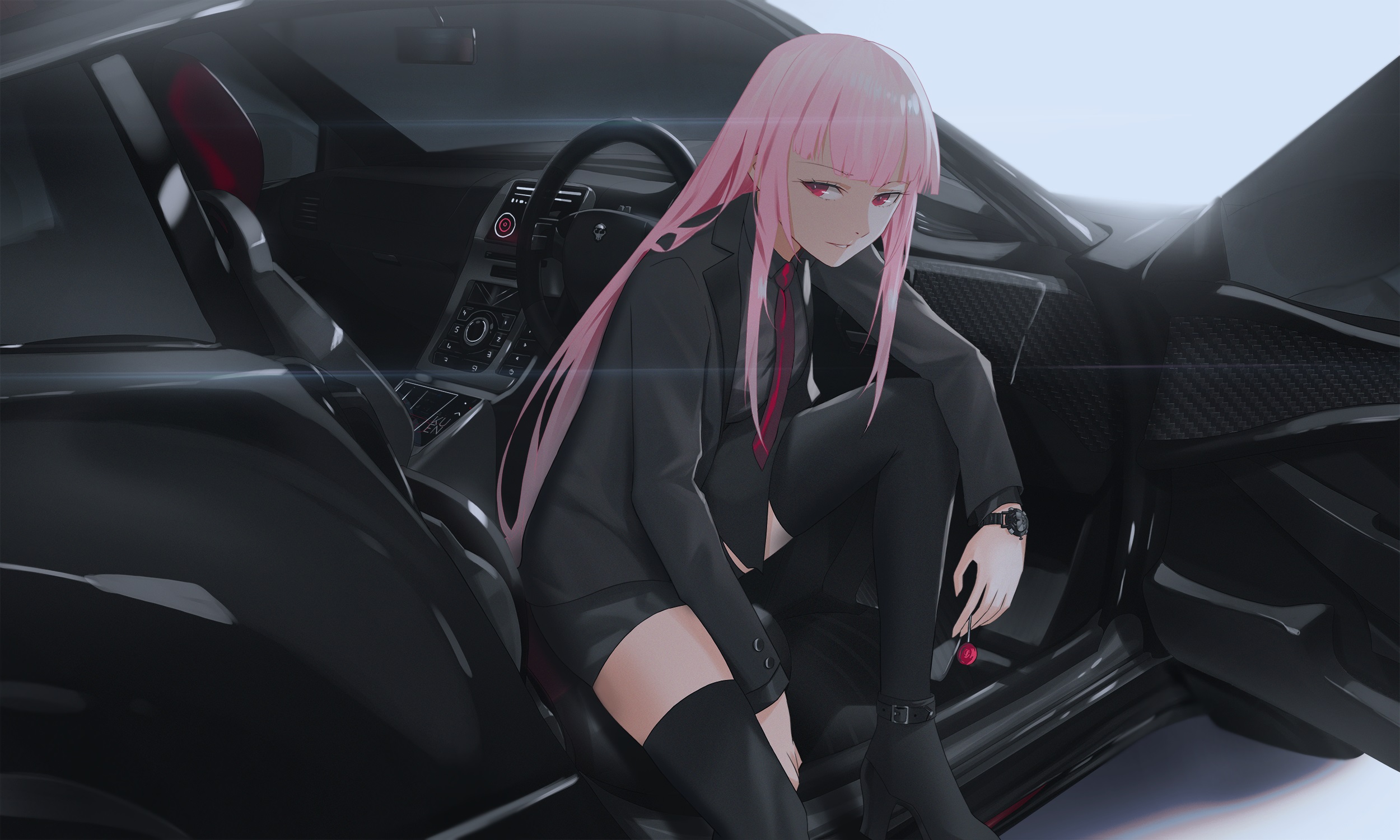 Hololive Mori Calliope Car Car Interior Women Sitting Open Door Anime Girls 2500x1500