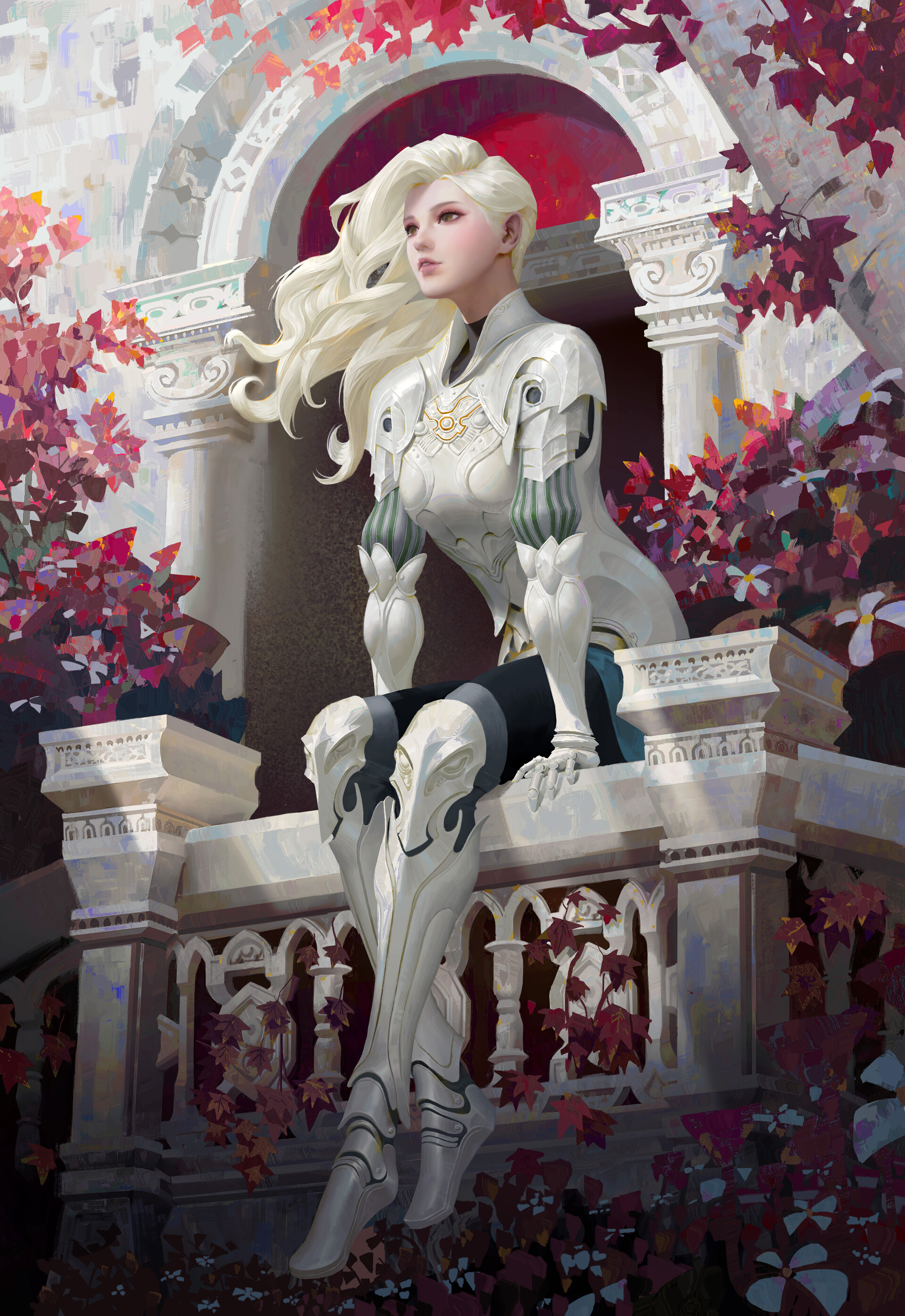 Ya Lun Artwork Fantasy Art Fantasy Girl Women Sitting ArtStation Blonde Long Hair Fantasy Armor 1920x2790