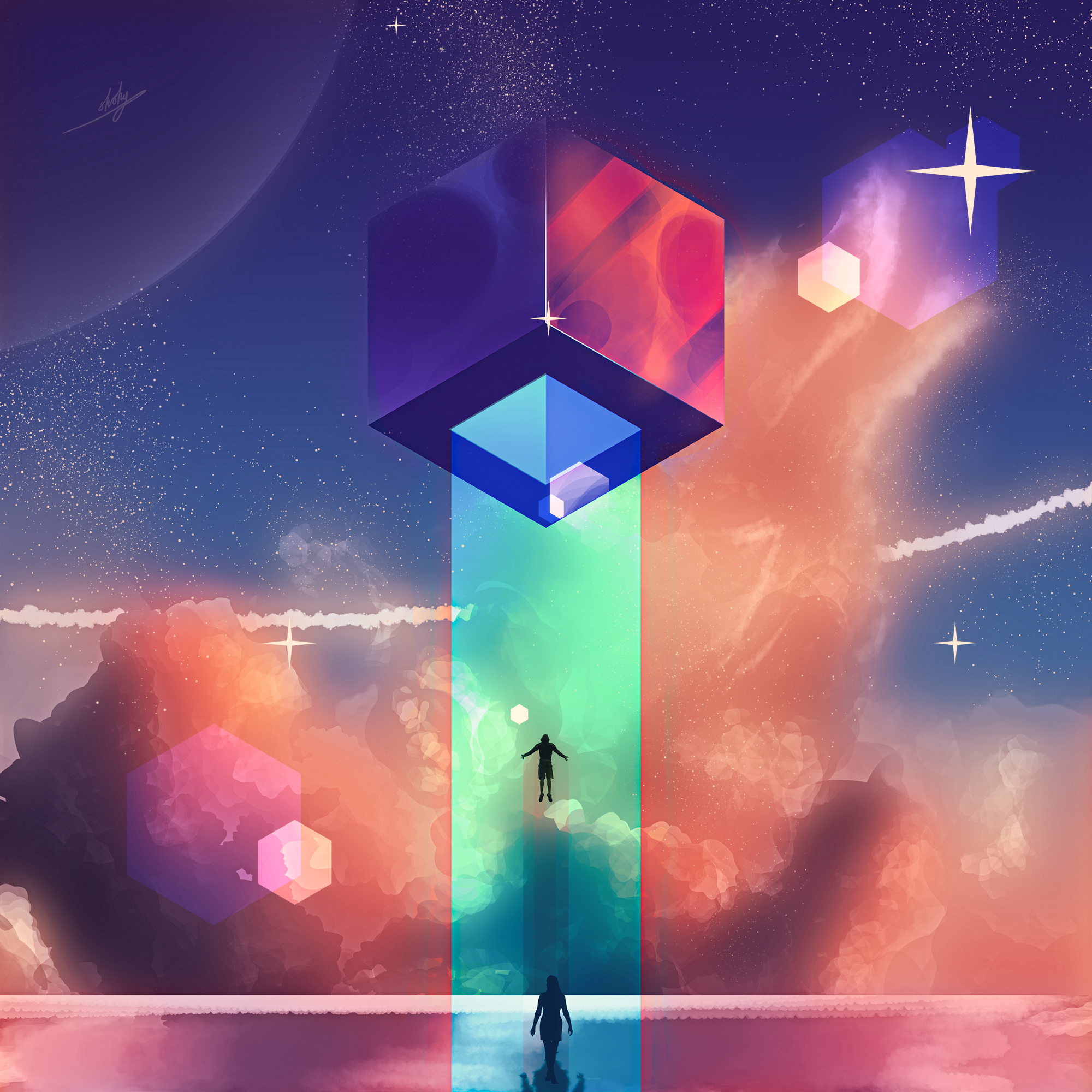 Science Fiction Cube Lake Clouds Sunset Reflection Beam Hexagon Stars Floating Moon 2000x2000