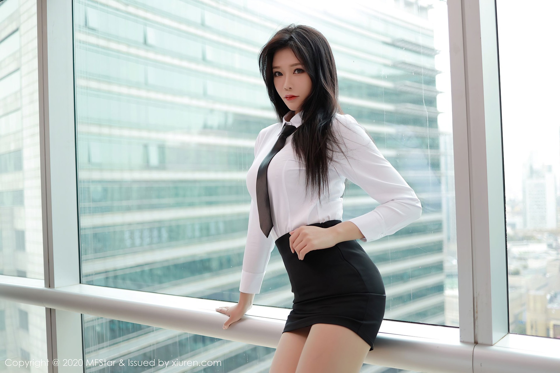 Women Model Chinese Model Asian Tie White Shirt Long Hair Brunette Dark Hair Lipstick Office Girl 1920x1280