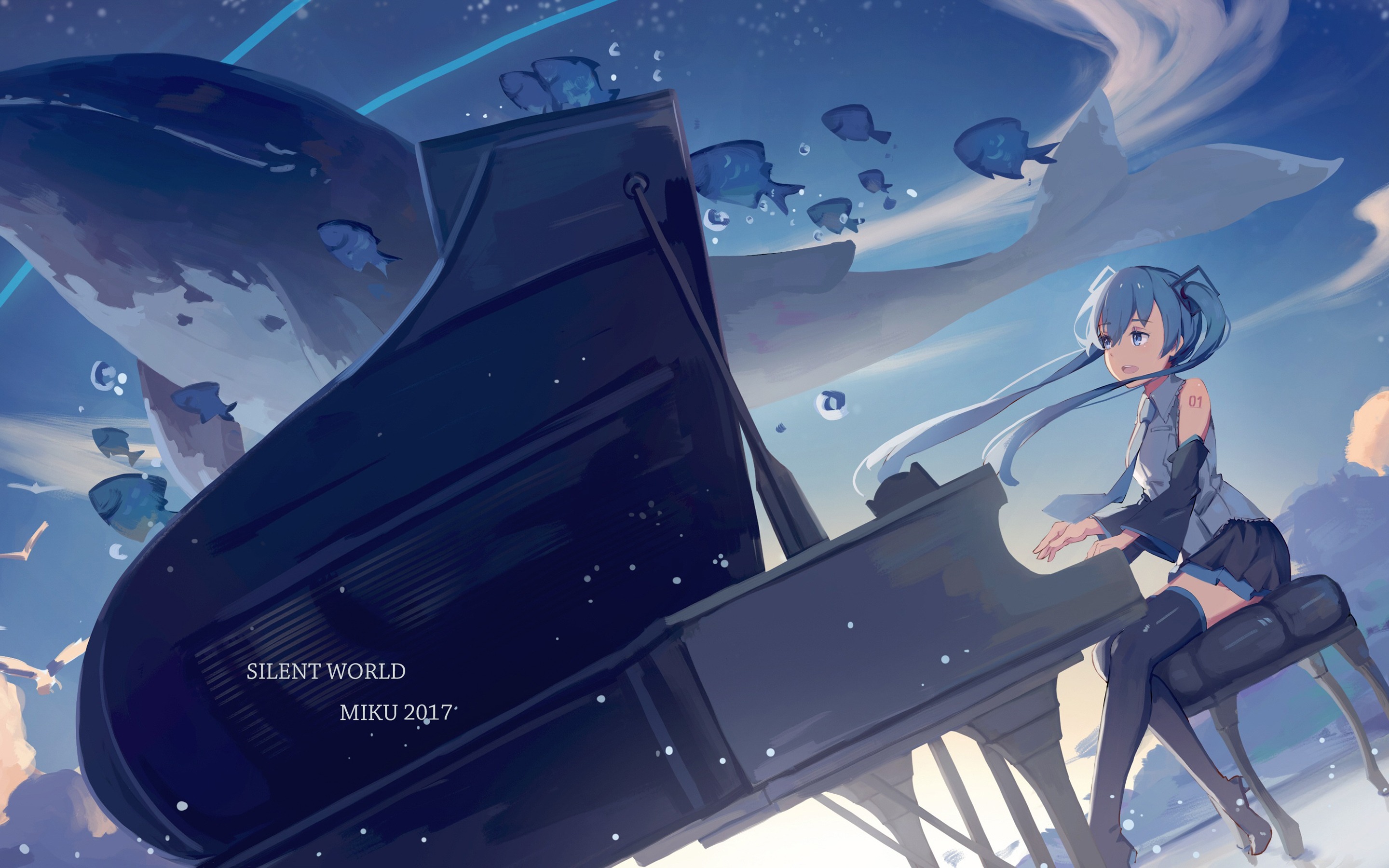 Anime Girls Piano Musical Instrument Sitting Anime Blue Hair Underwater Fish Animals Long Hair Music 2880x1800