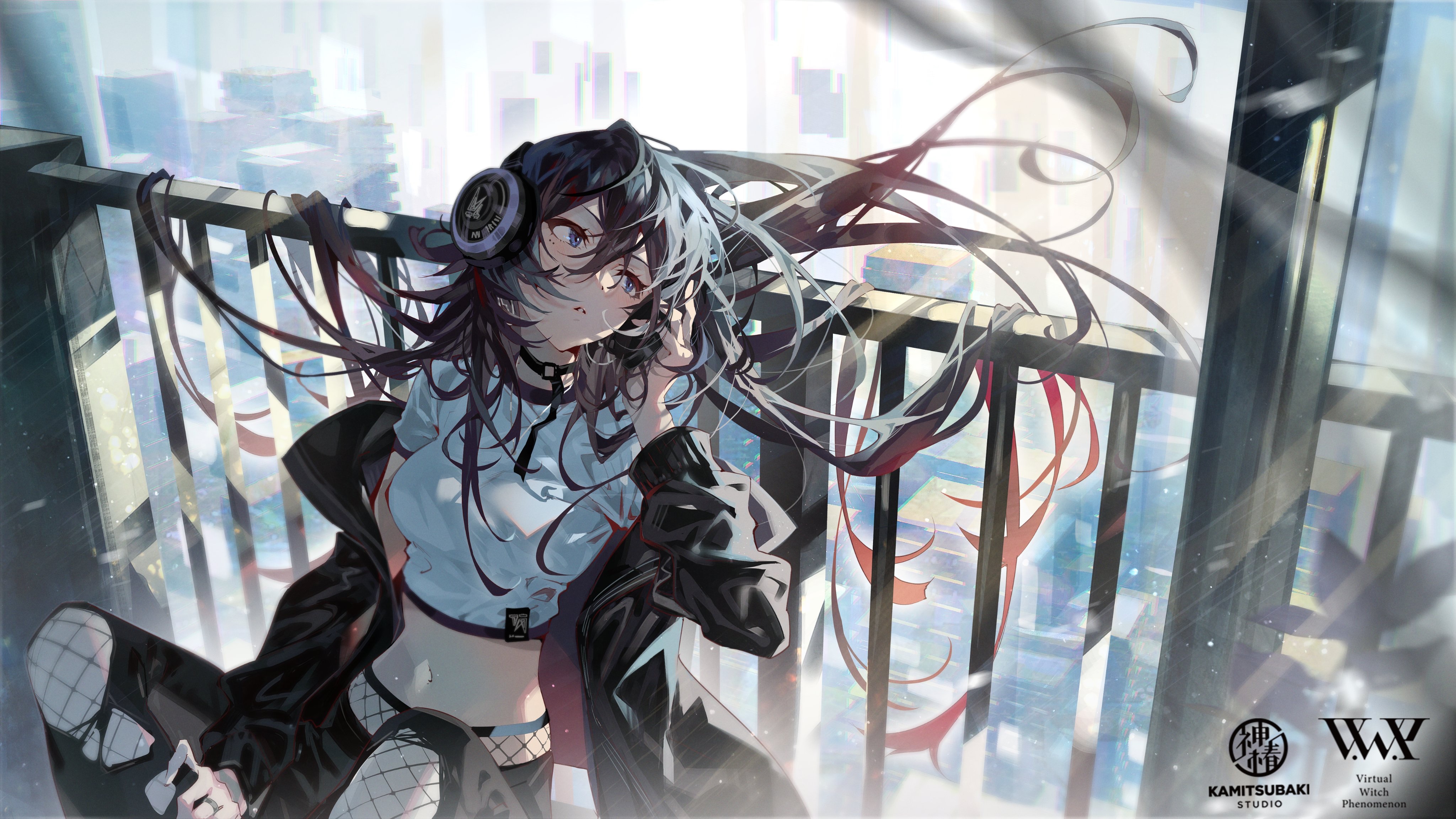 Anime Girls Original Characters Headphones Long Hair Dark Hair Blue Eyes Artwork Arutera 4096x2304
