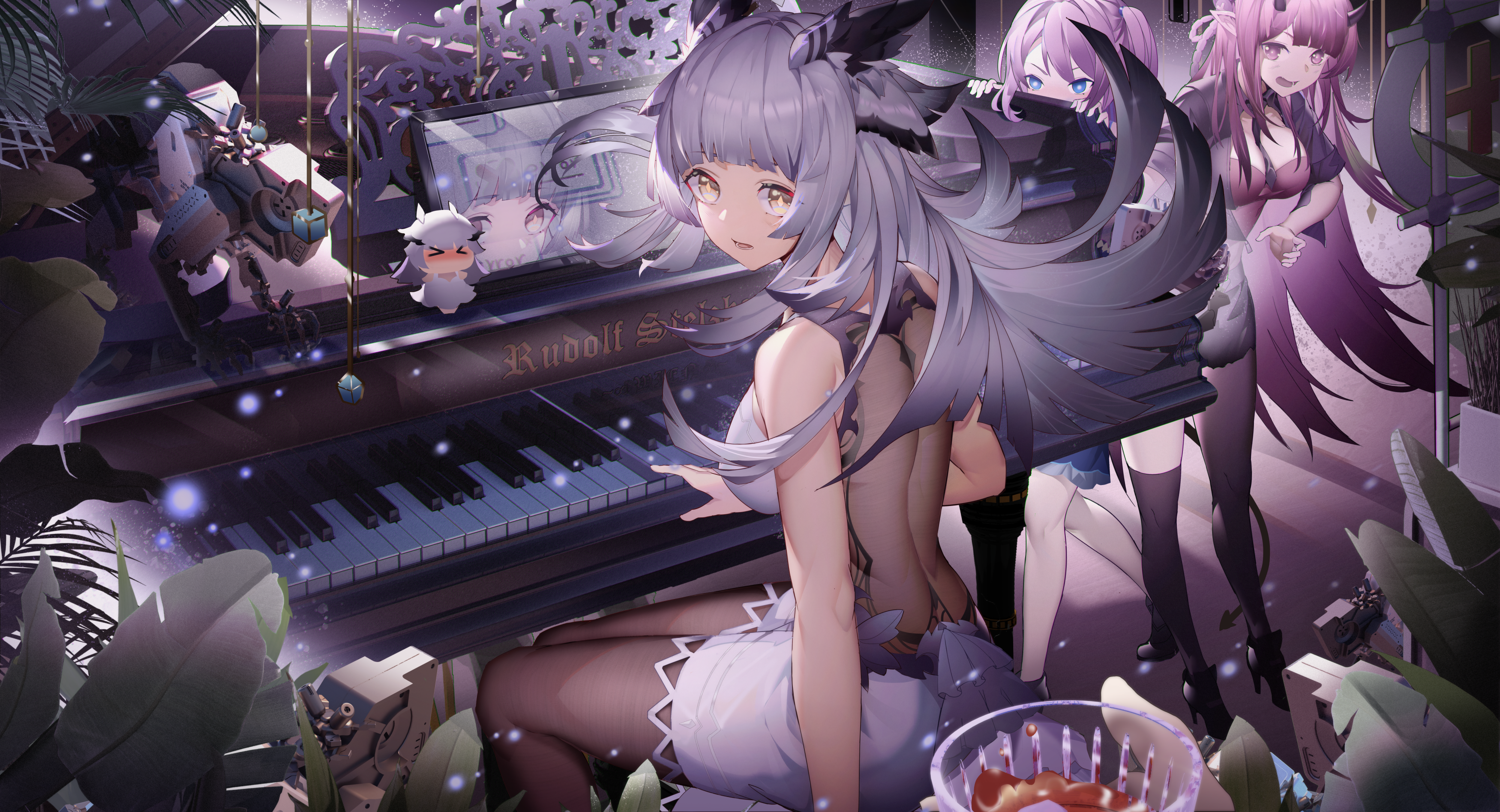 Anime Anime Girls Musical Instrument Piano Sitting Long Hair Women Trio Arknights Blue Poison Arknig 3500x1895