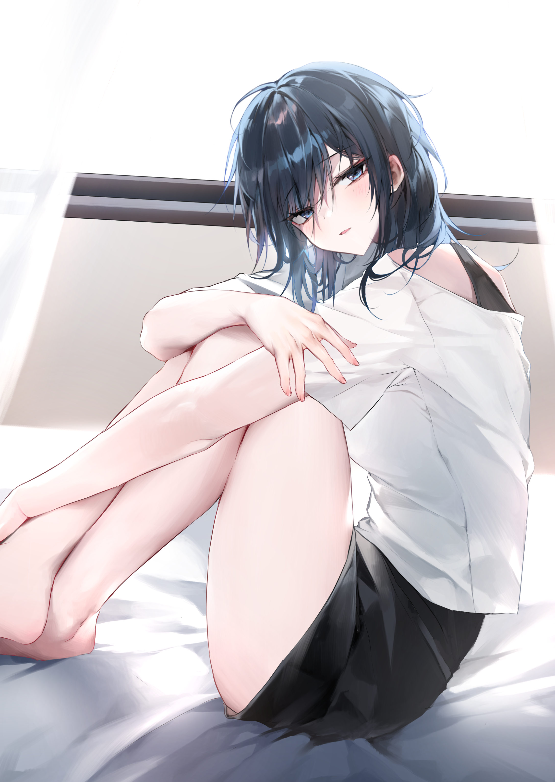 Anime Anime Girls Dark Hair Legs Sitting Looking At Viewer Shoulder Length Hair Barefoot Bara Artwor 2266x3190