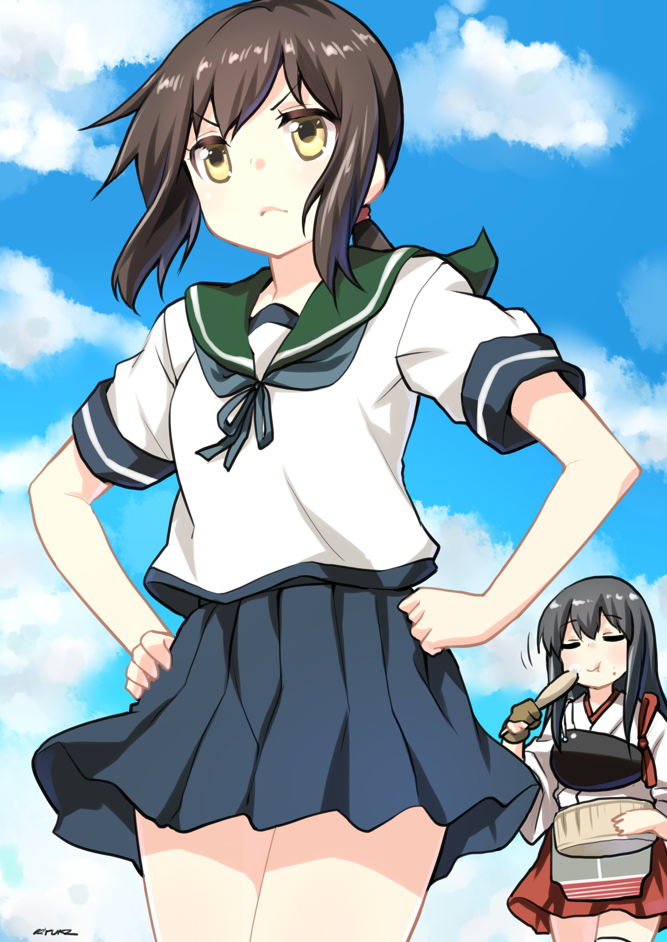 Anime Anime Girls Kantai Collection Fubuki KanColle Ponytail Akagi KanColle Long Hair School Uniform 2149x3035