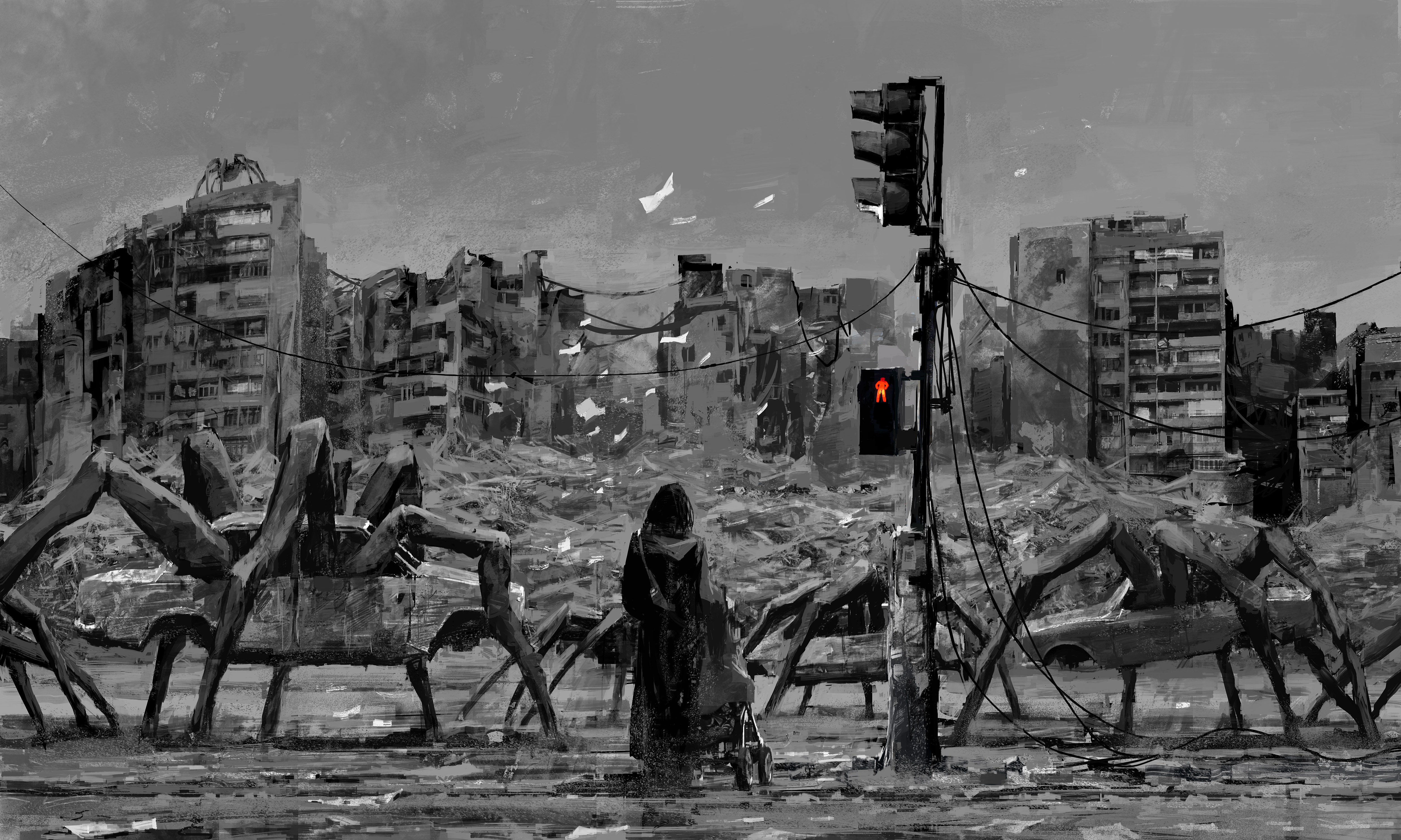 Digital Art Artwork Fantasy Art Creature Alexey Andreev Wreck Monochrome Ruins Apocalyptic Dystopian 5000x3000