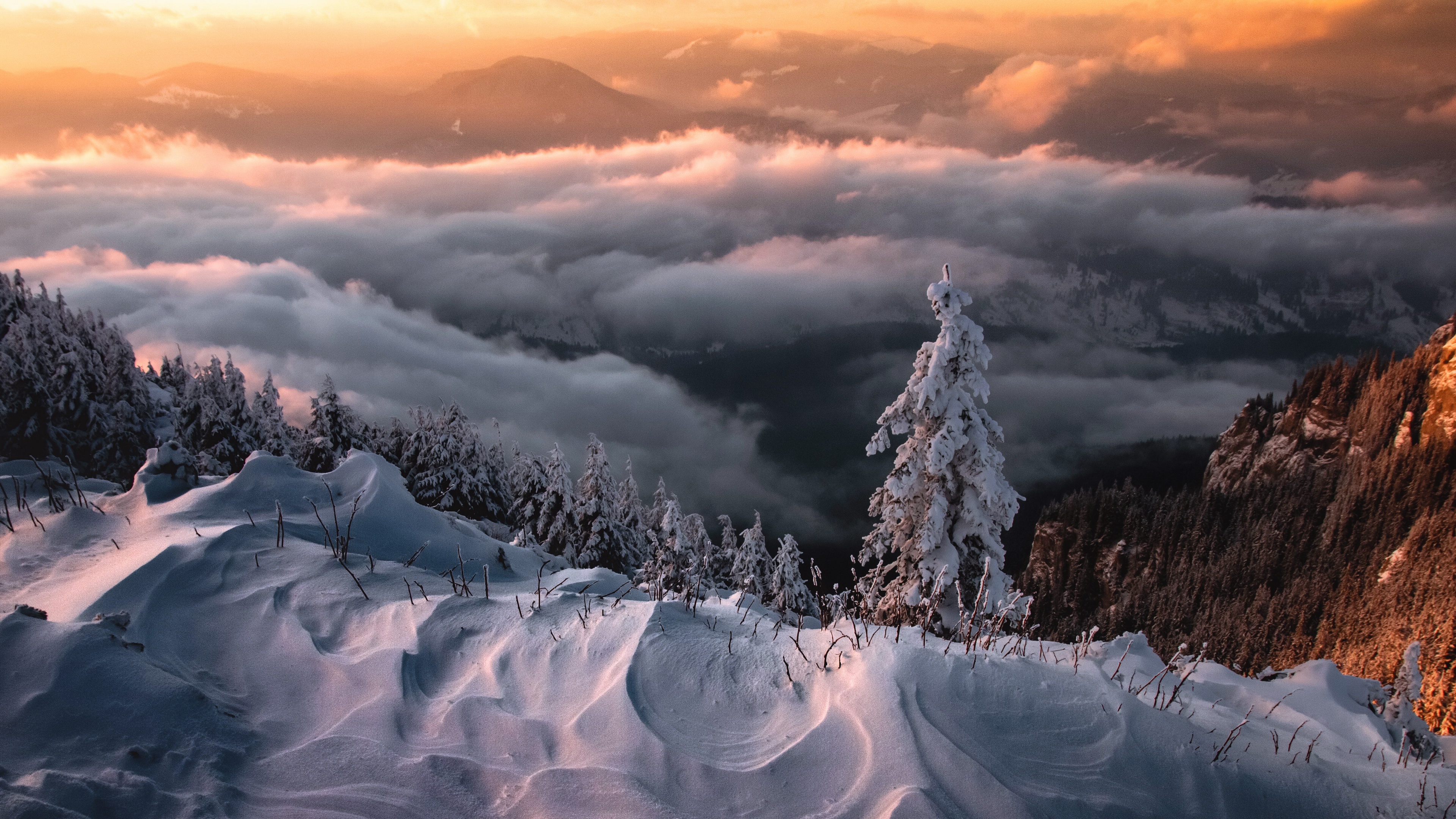 Nature Landscape Winter Ice Snow Cold Outdoors Trees Clouds Orange Sky Mountains 3840x2160