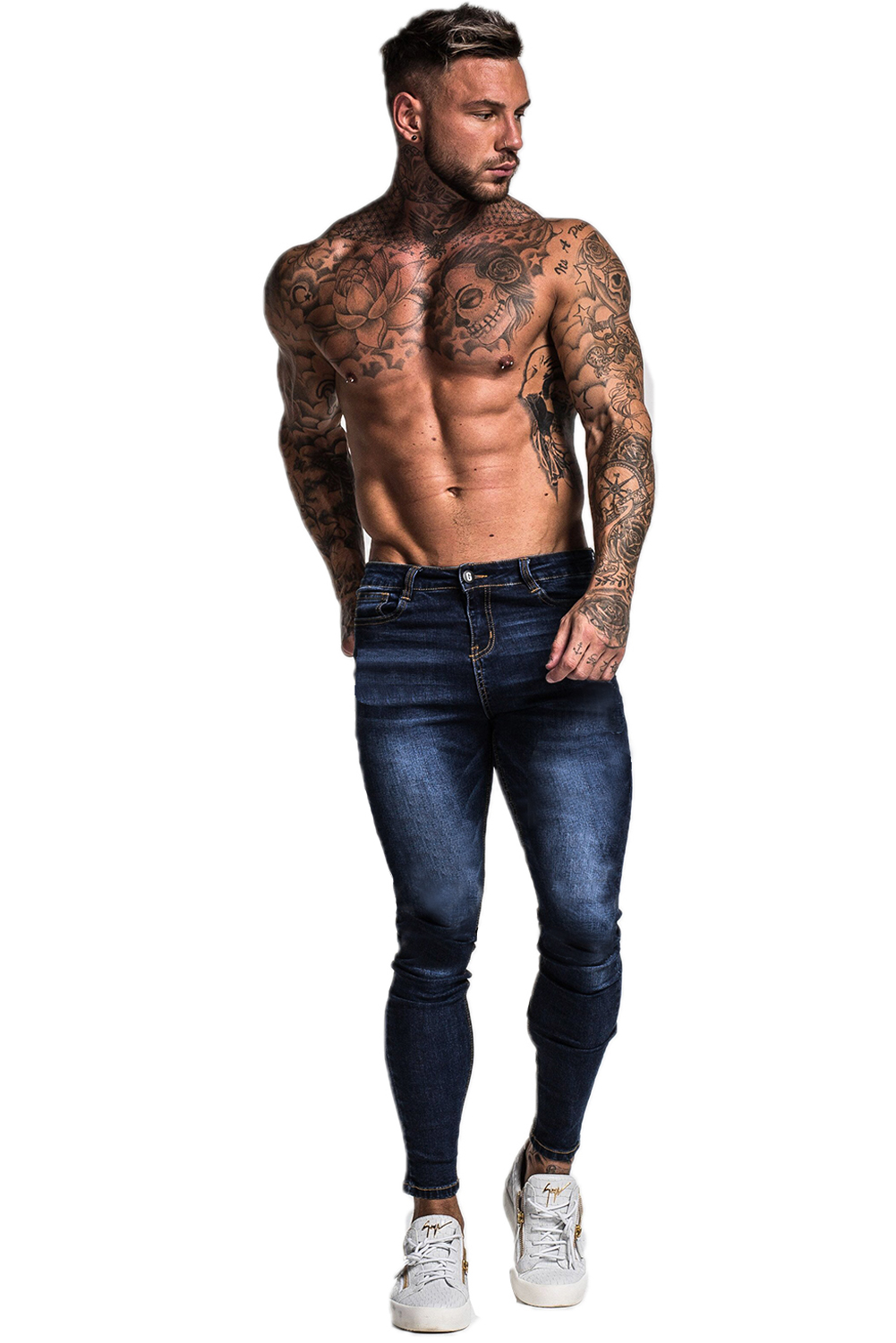 Jeans Pants Men Model Shirtless Tattoo Sneakers Studio 1001x1500