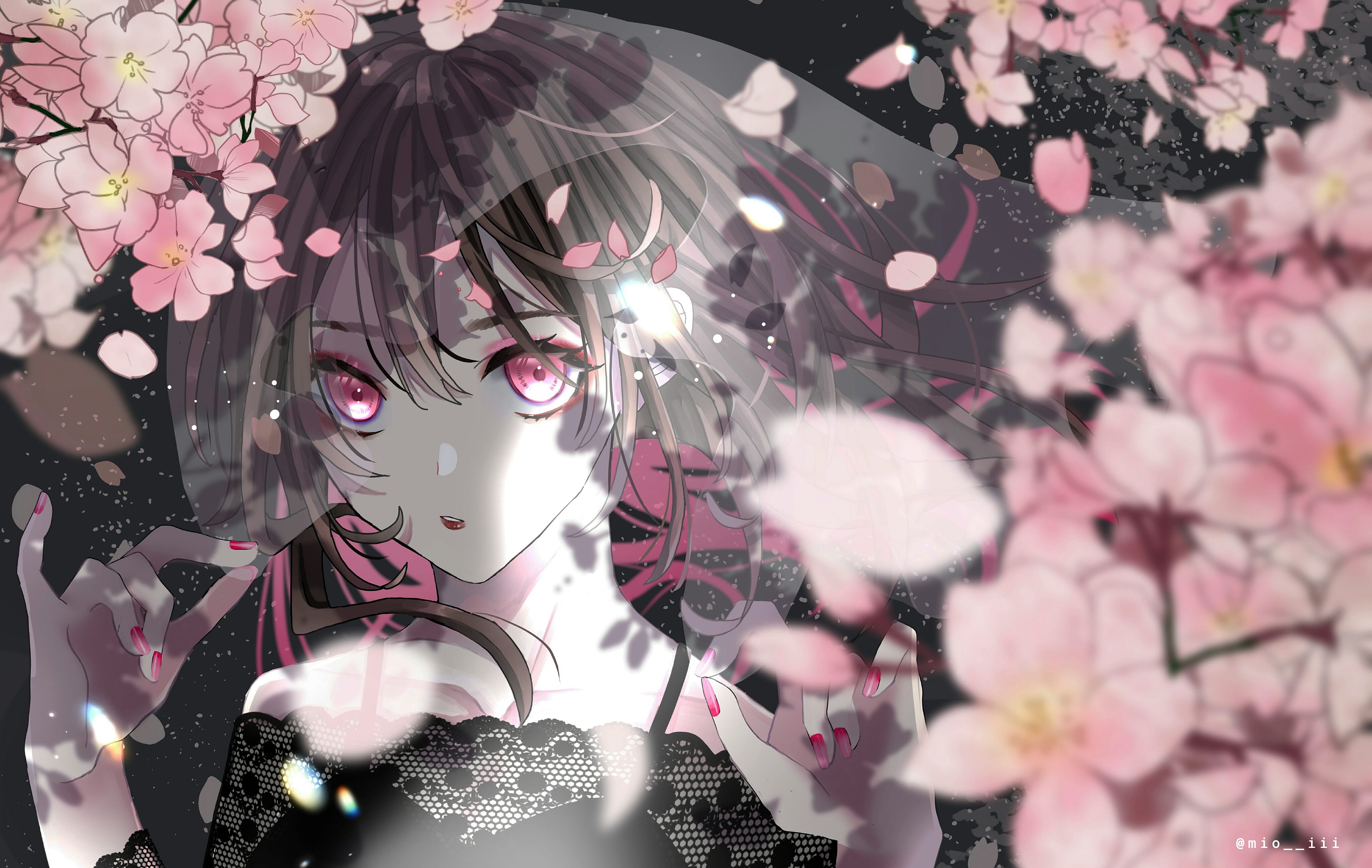 Anime Anime Girls Looking At Viewer Painted Nails Red Nails Pink Eyes Flowers Plants Women Brunette 4096x2594