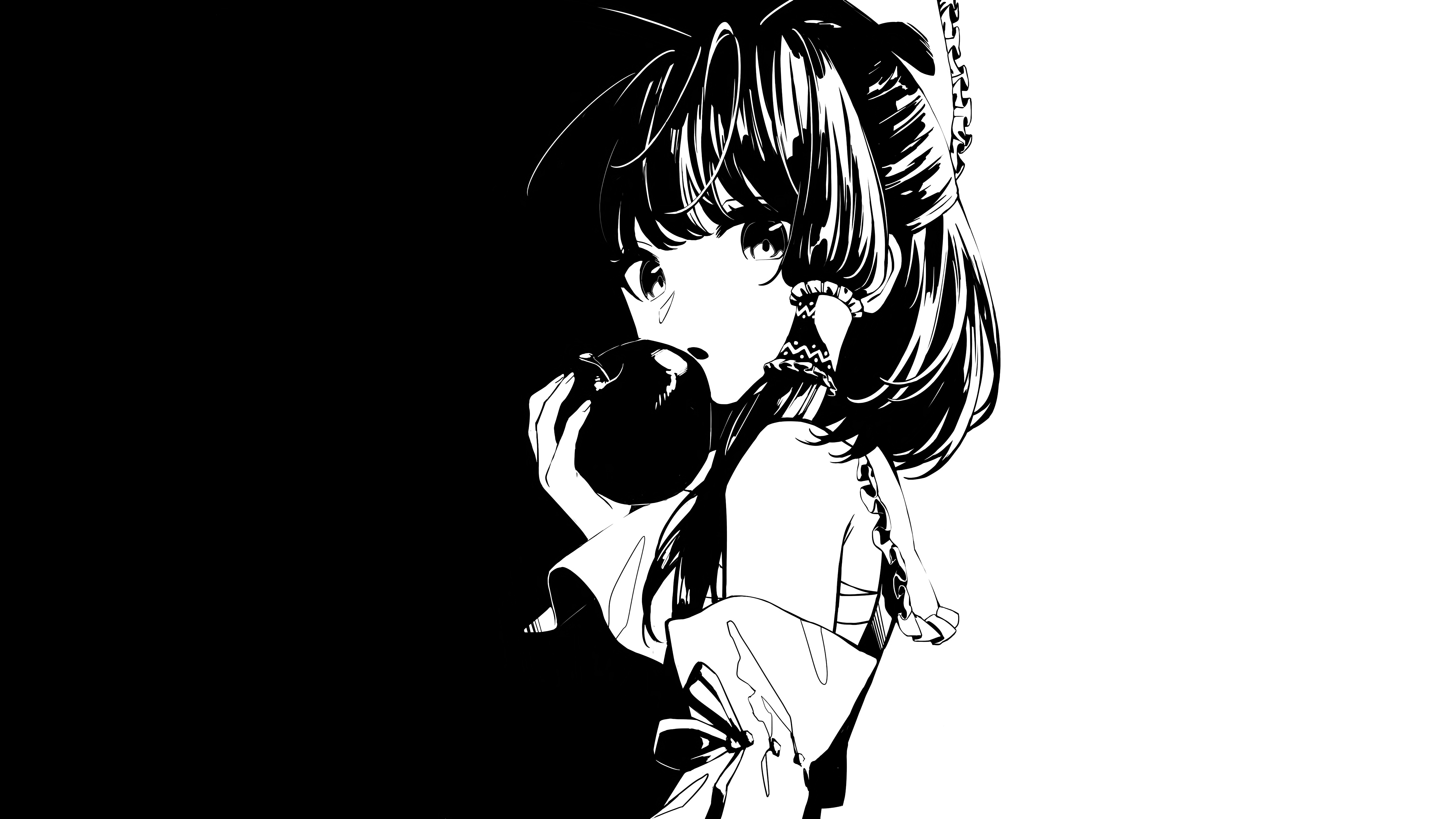 Touhou Hakurei Reimu Monochrome White Simple Background Anime Girls Eating Anime Girls 7680x4320