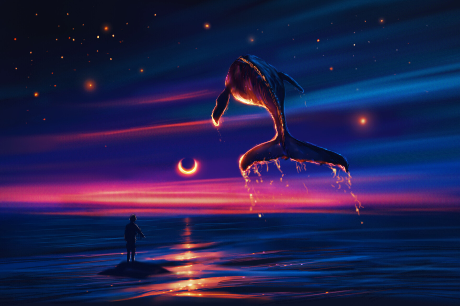 Artwork Fantasy Art Whale Night Sea Stars 1920x1280