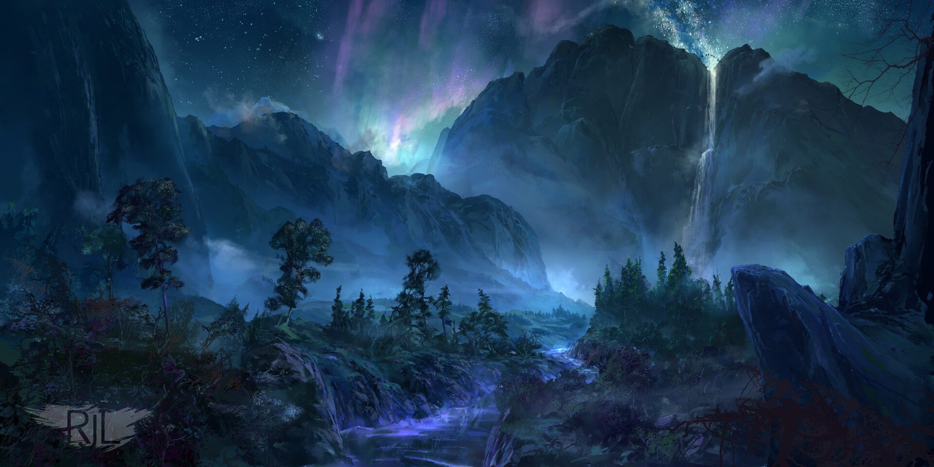 Ryan Lowe Digital Art Fantasy Art Landscape Aurorae Mountains Waterfall Seven Lions 1920x960