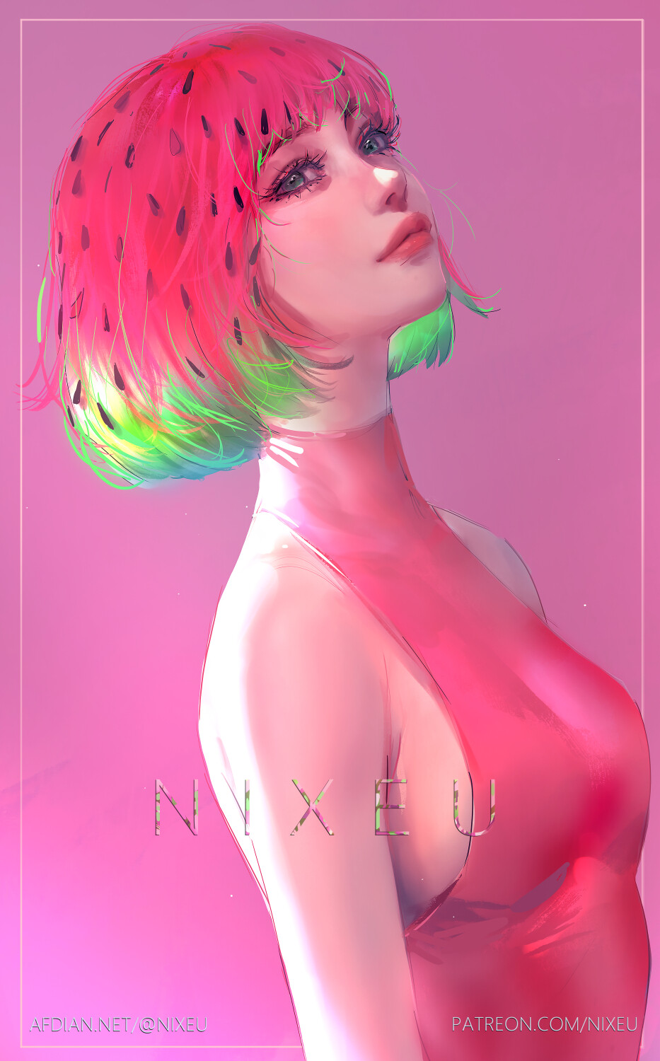 Nixeu Drawing Women Dyed Hair Colorful Looking Up Pink Watermelons 933x1500