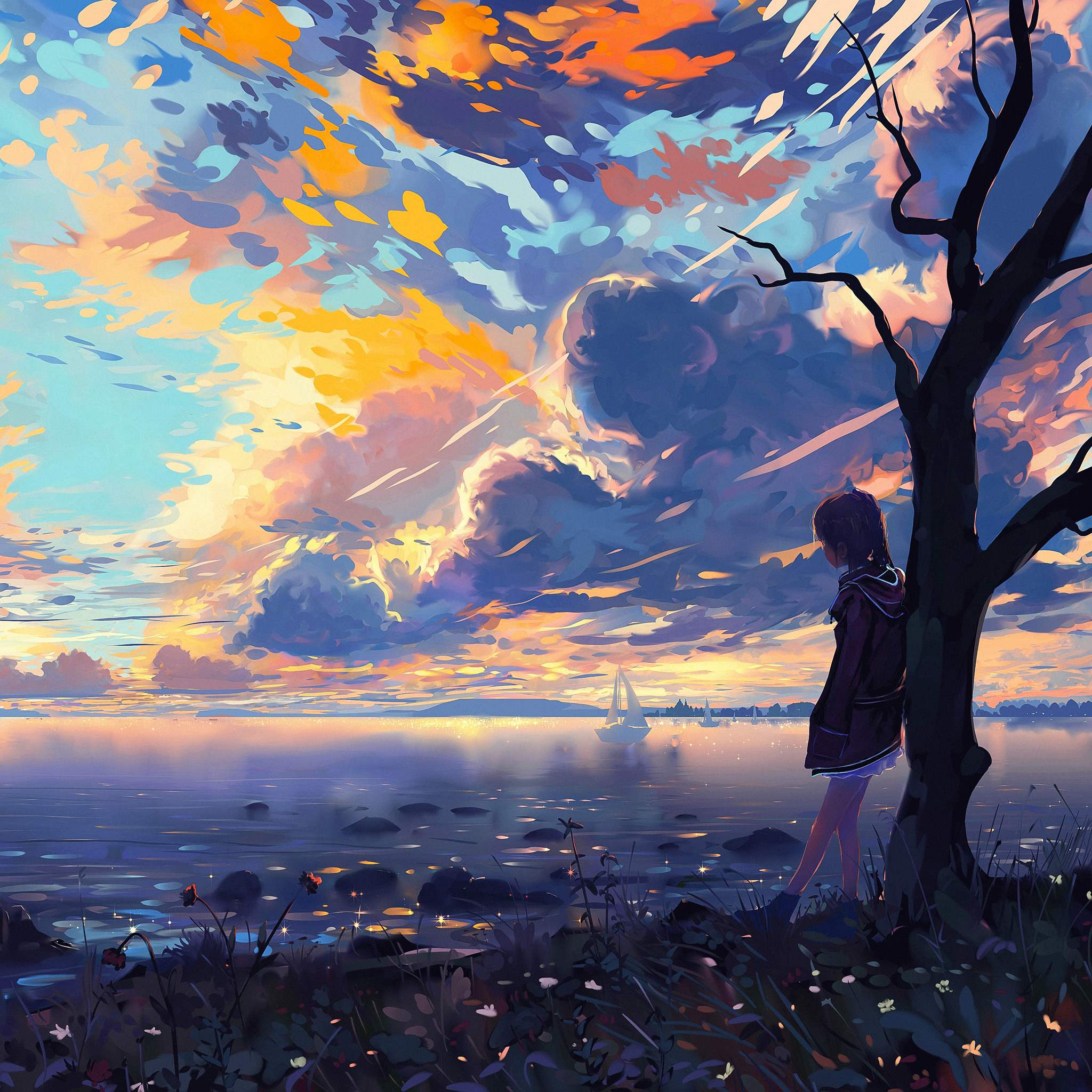 Anime Nature Sky Clouds Anime Girls Leaning Trees Alone Women Outdoors 2048x2048