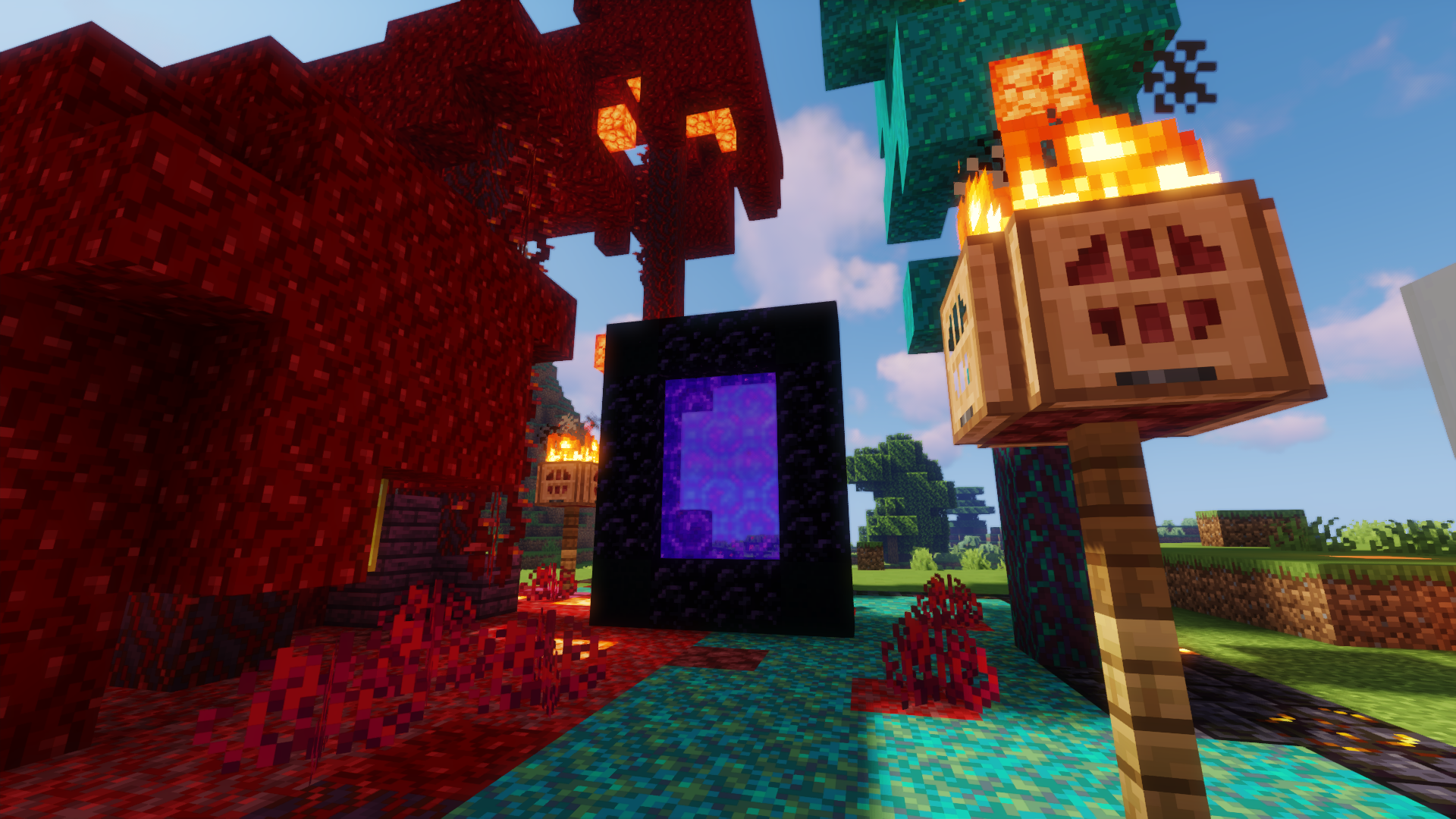Minecraft Screen Shot PC Gaming Shaders Video Games Portal Red Cyan 1920x1080