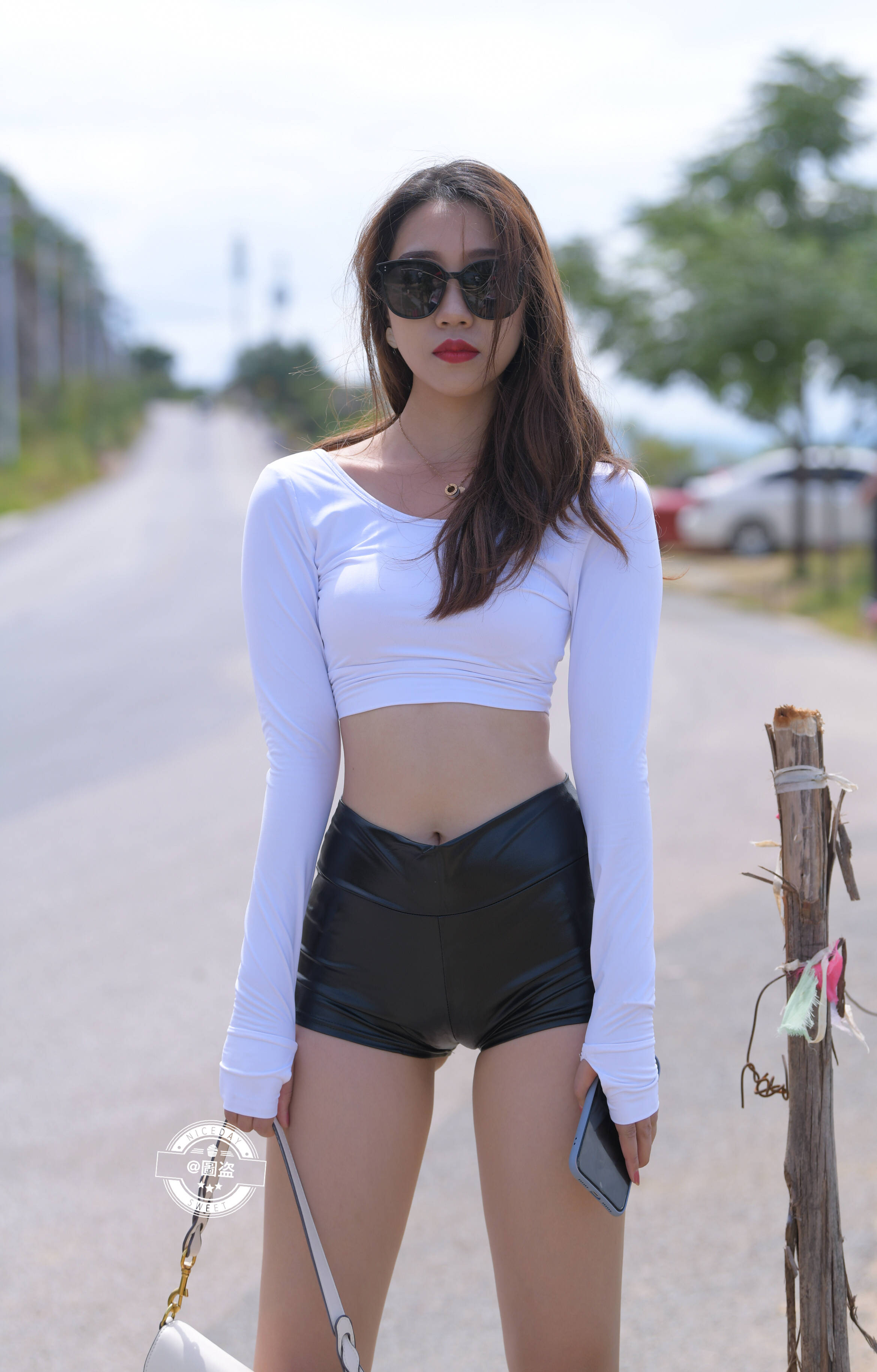Women Street Asian White T Shirt Long Sleeves Leather Clothing Women With Shades 2339x3657