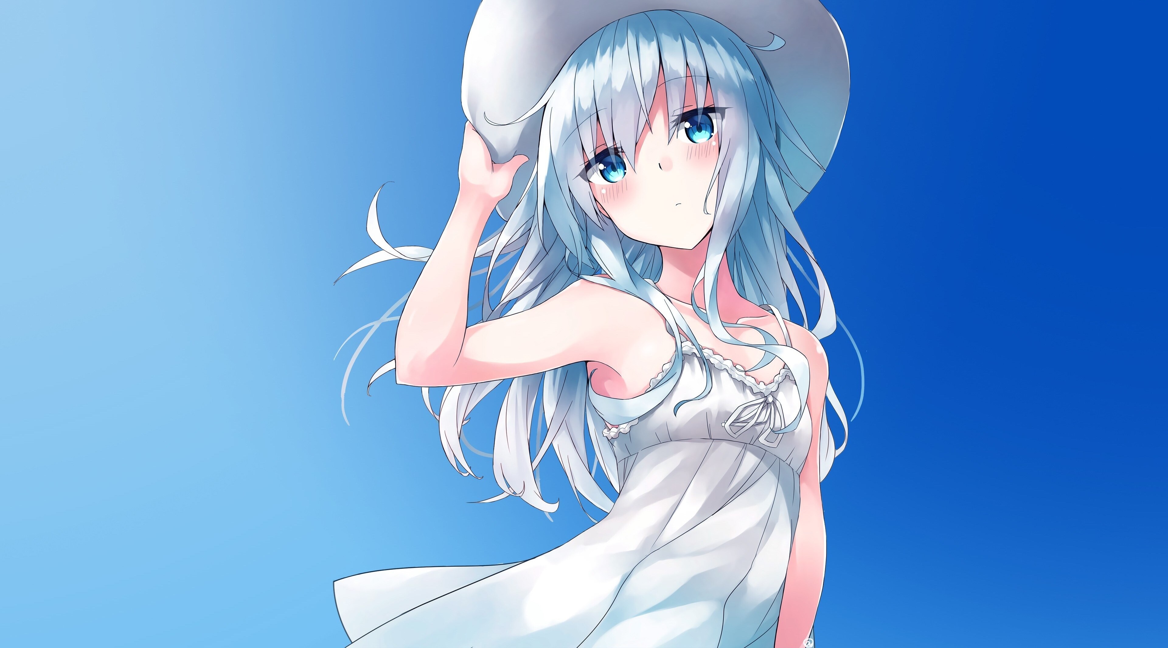 2D Blue Hair Cartoon Simple Background Sun Hats Anime Girls 3840x2130