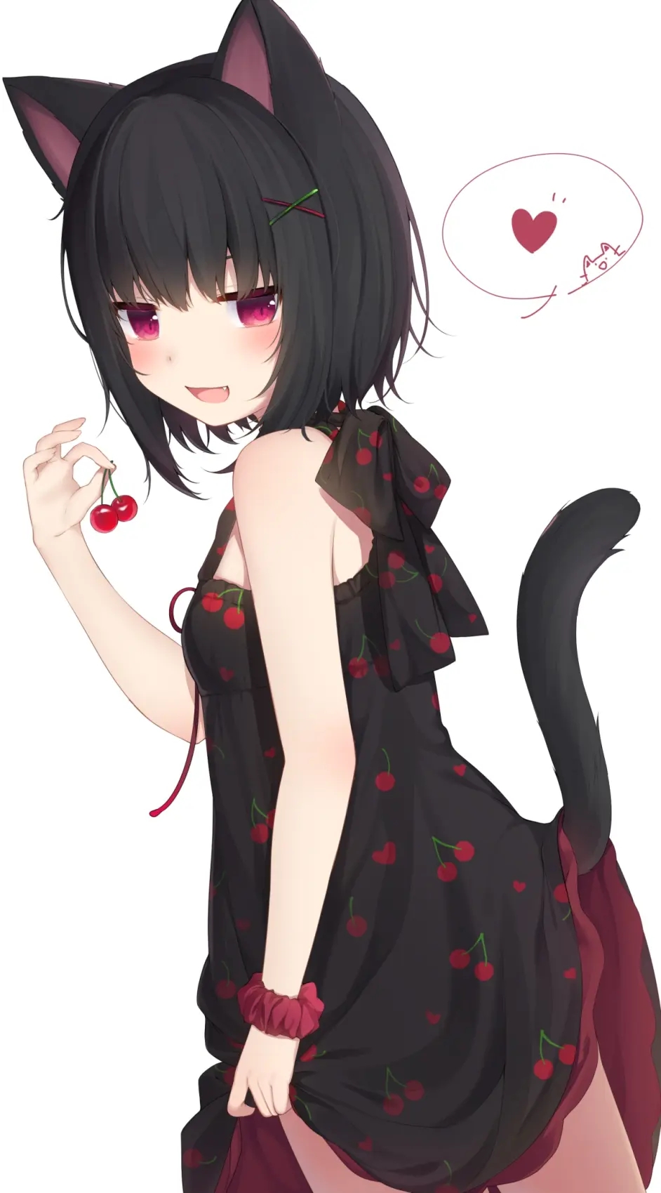 Anime Girls Cat Girl Tail Black Hair Food Fruit Cherries Simple Background White Background Animal E 942x1699