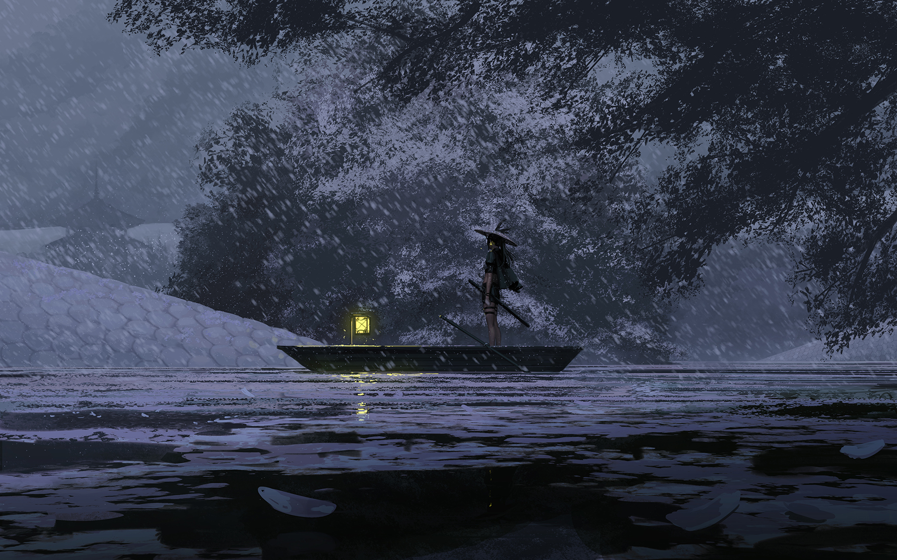 GUWEiZ Digital Art Digital Painting Artwork Fictional Character Lake Lantern Sword 1800x1125
