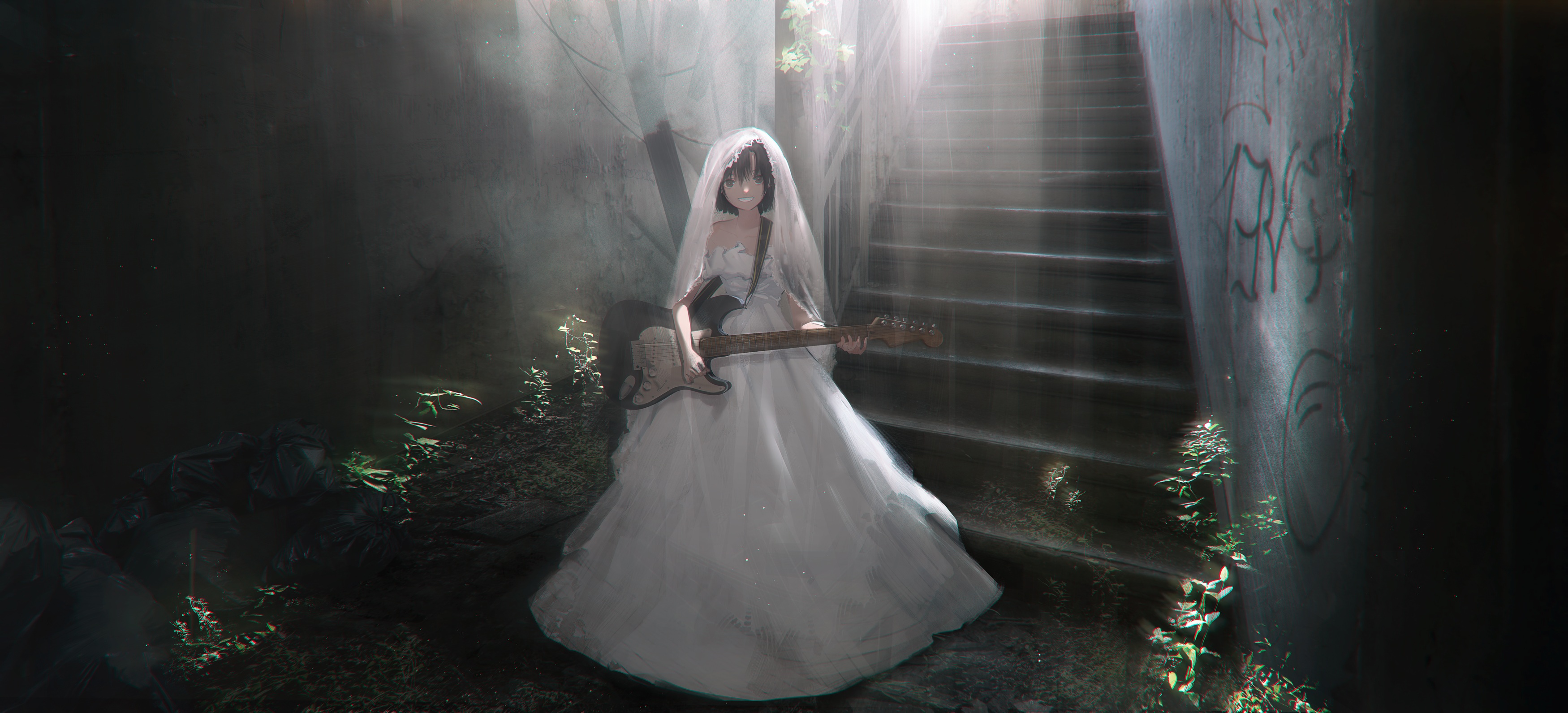 Anime Anime Girls Shiomi Artwork Wedding Dress Bridal Veil Guitar Stairs 3500x1591