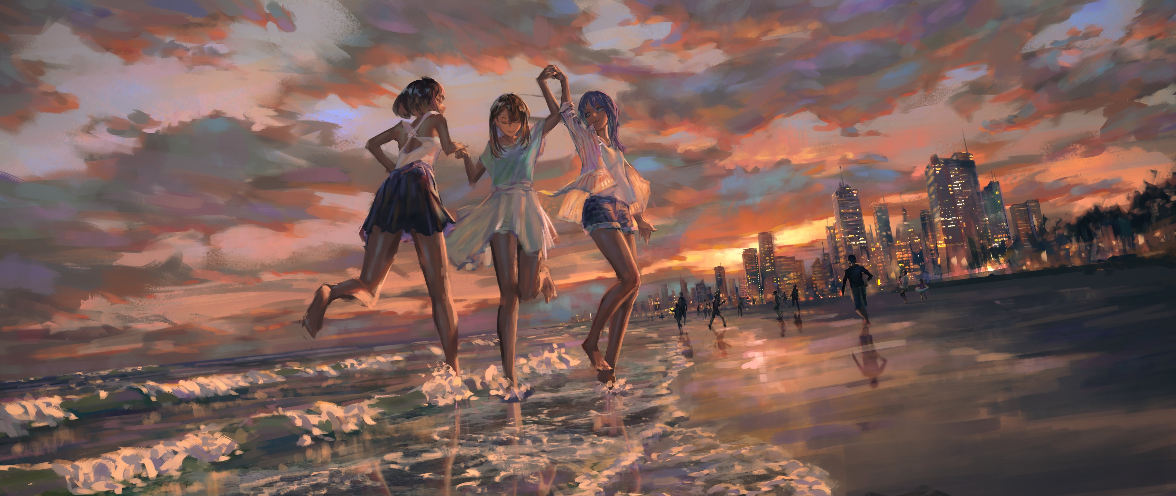 Anime Girls Original Characters Beach Sunset Barefoot 4096x1728