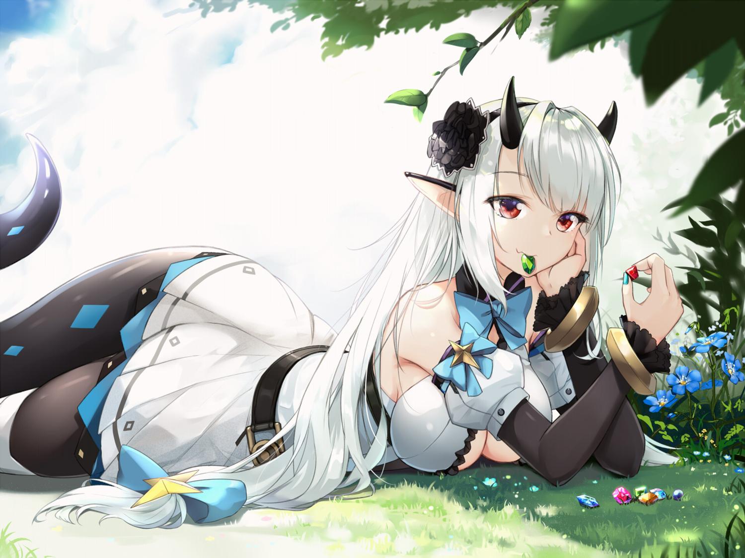 Yufine Epic Seven White Hair Horns Pointy Ears Epic Seven Blue Flowers Red Eyes 1500x1125