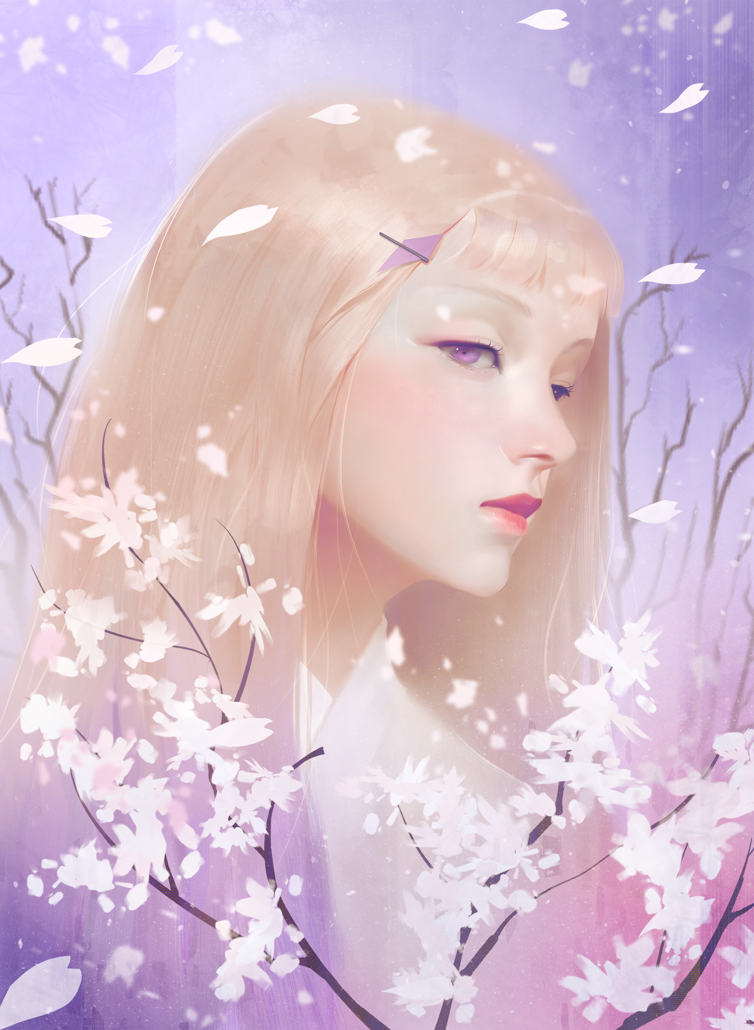 Digital Art Illustration Midfinger Original Characters Cherry Blossom Blonde Vertical 1500x2048