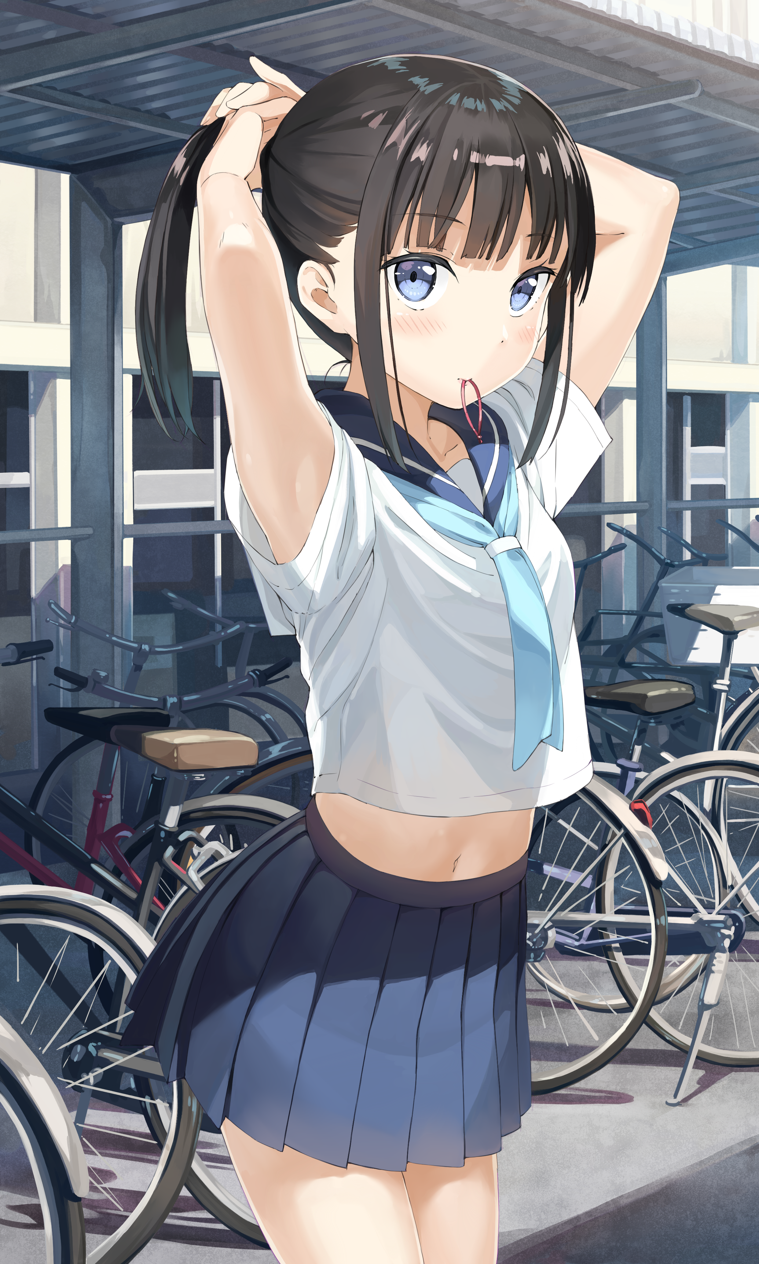 Anime Girls School Uniform Schoolgirl Skirt Arms Up Anime Tie Black Hair Blue Eyes Vehicle Bicycle A 2484x4136
