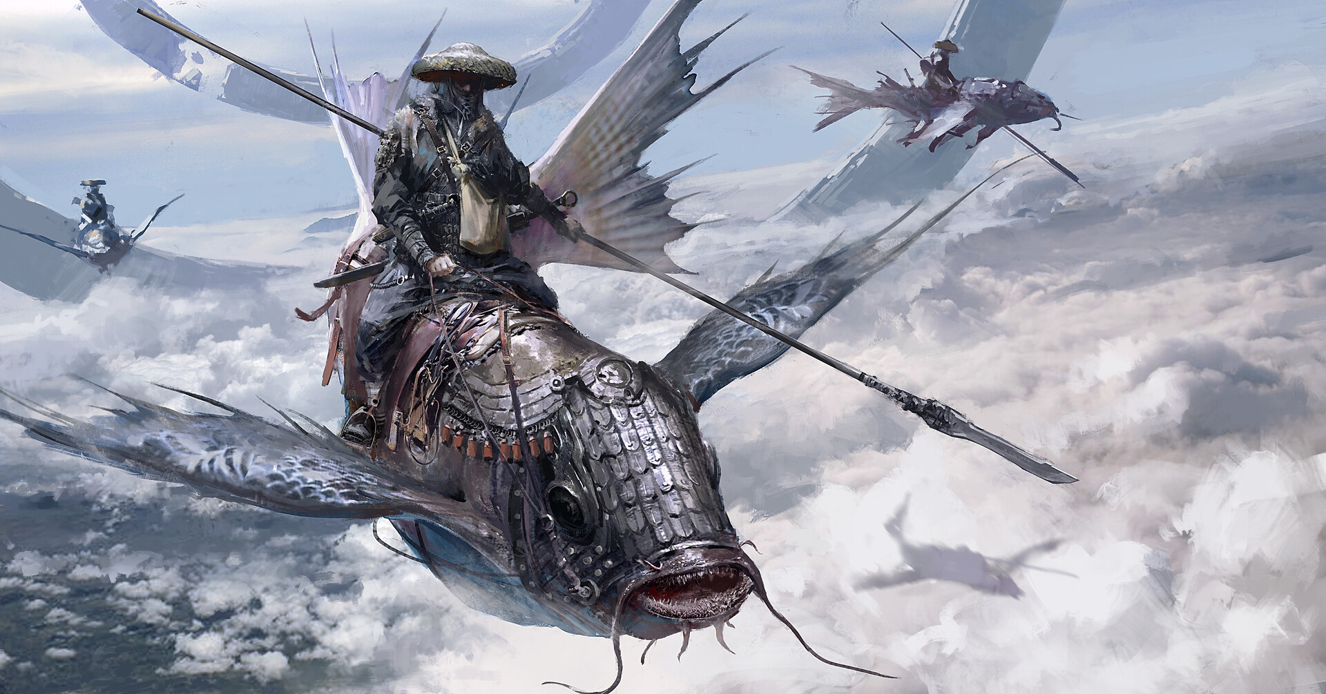 Su Jian Clouds Fish Spear Fantasy Armor Fantasy Art Flying 1920x1006