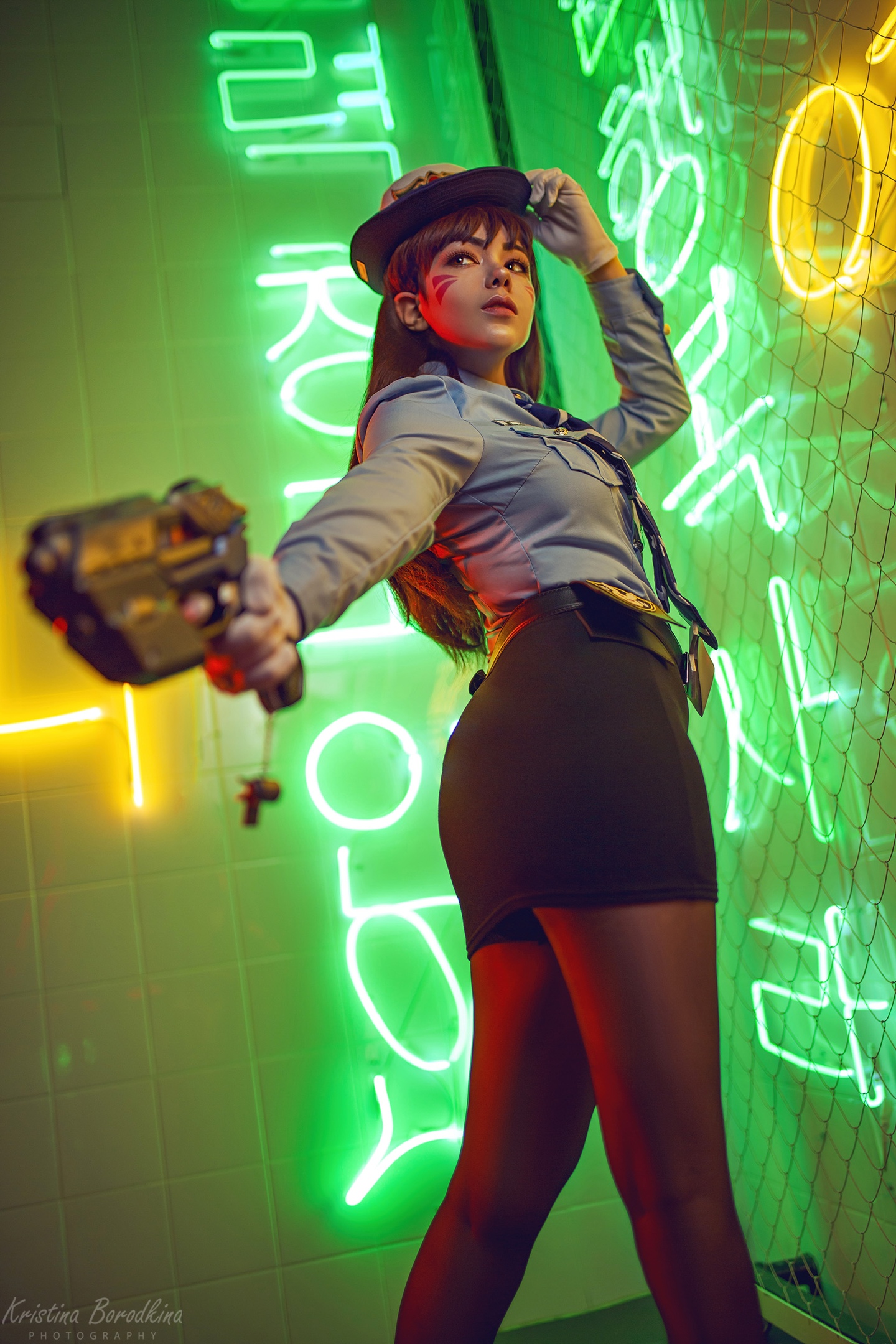 Kristina Borodkina Women Model Brunette D Va Overwatch Overwatch Cosplay Neon Lights Gun Pistol Vide 1440x2160