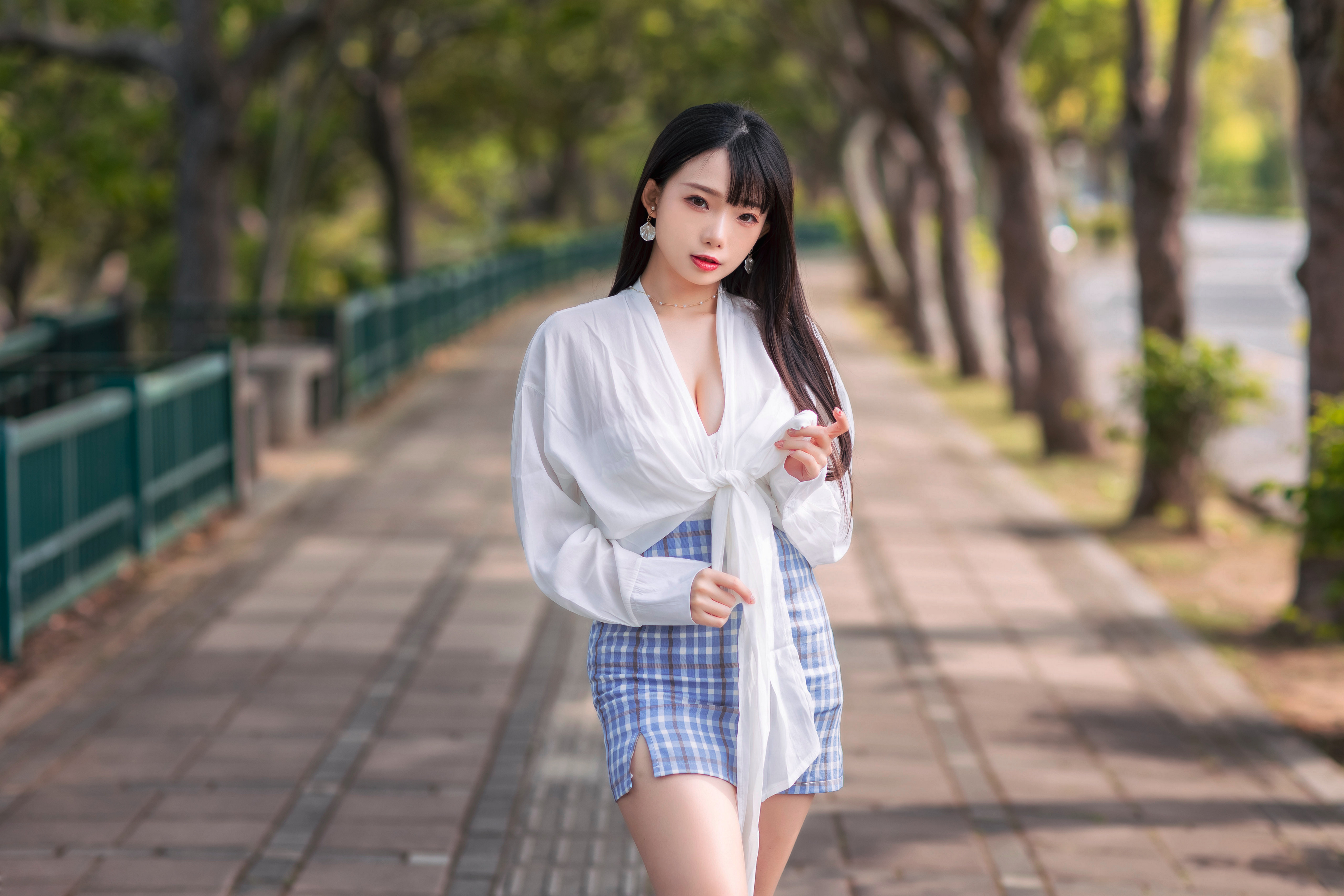 Asian Model Women Long Hair Black Hair Short Skirt Blouse Depth Of Field Trees Fence Earring Grass N 3840x2560