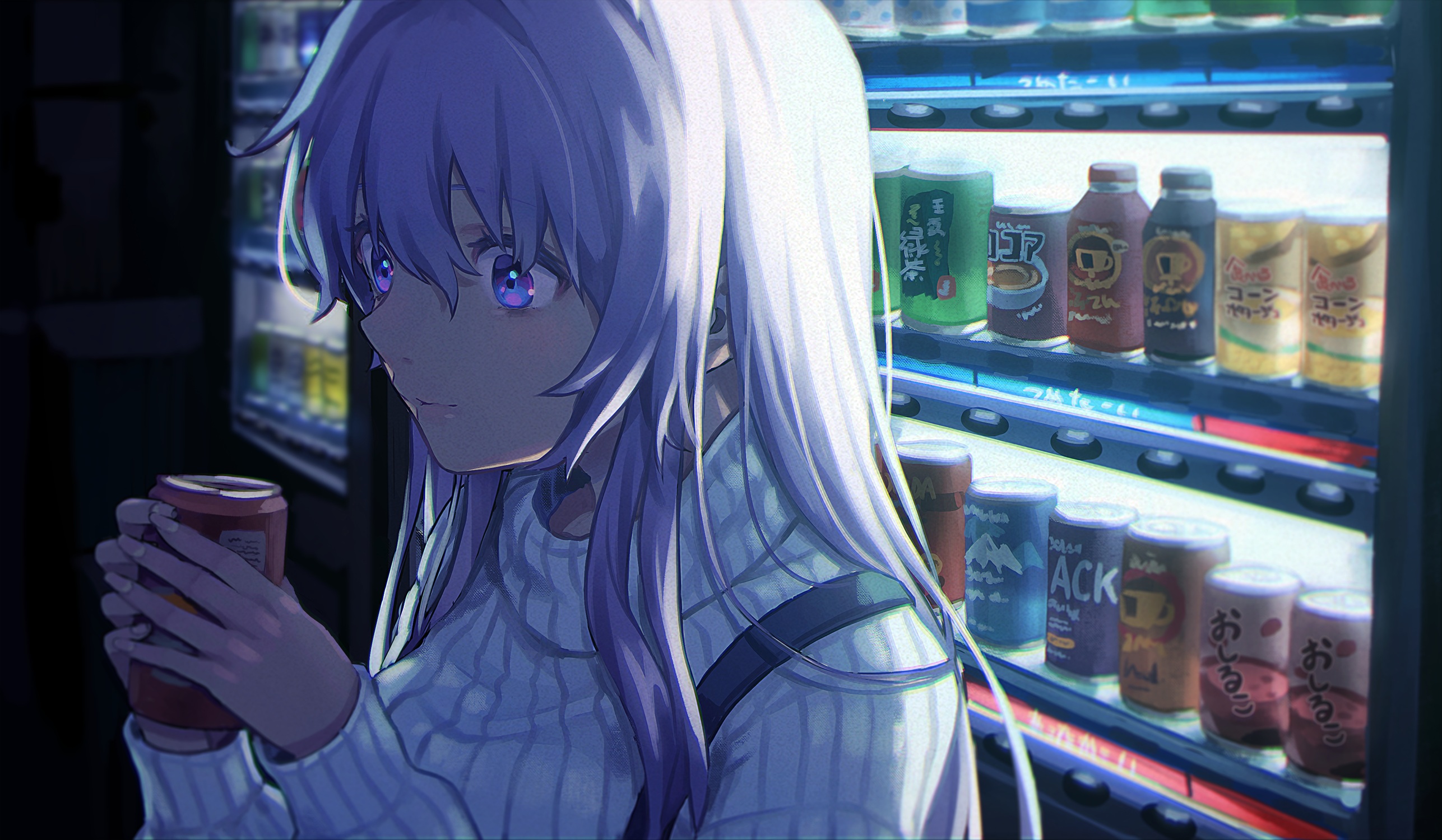 Anime Anime Girls Saino Artwork Night Vending Machine Shocked Sweater 2573x1500