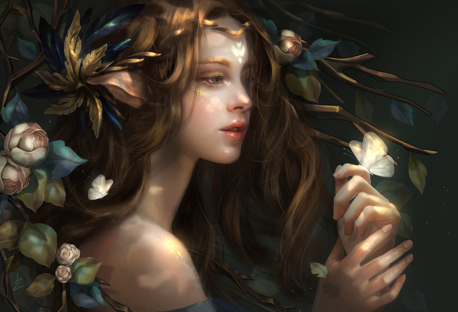Woman Girl Butterfly Brown Hair Flower Pointed Ears 1920x1309.