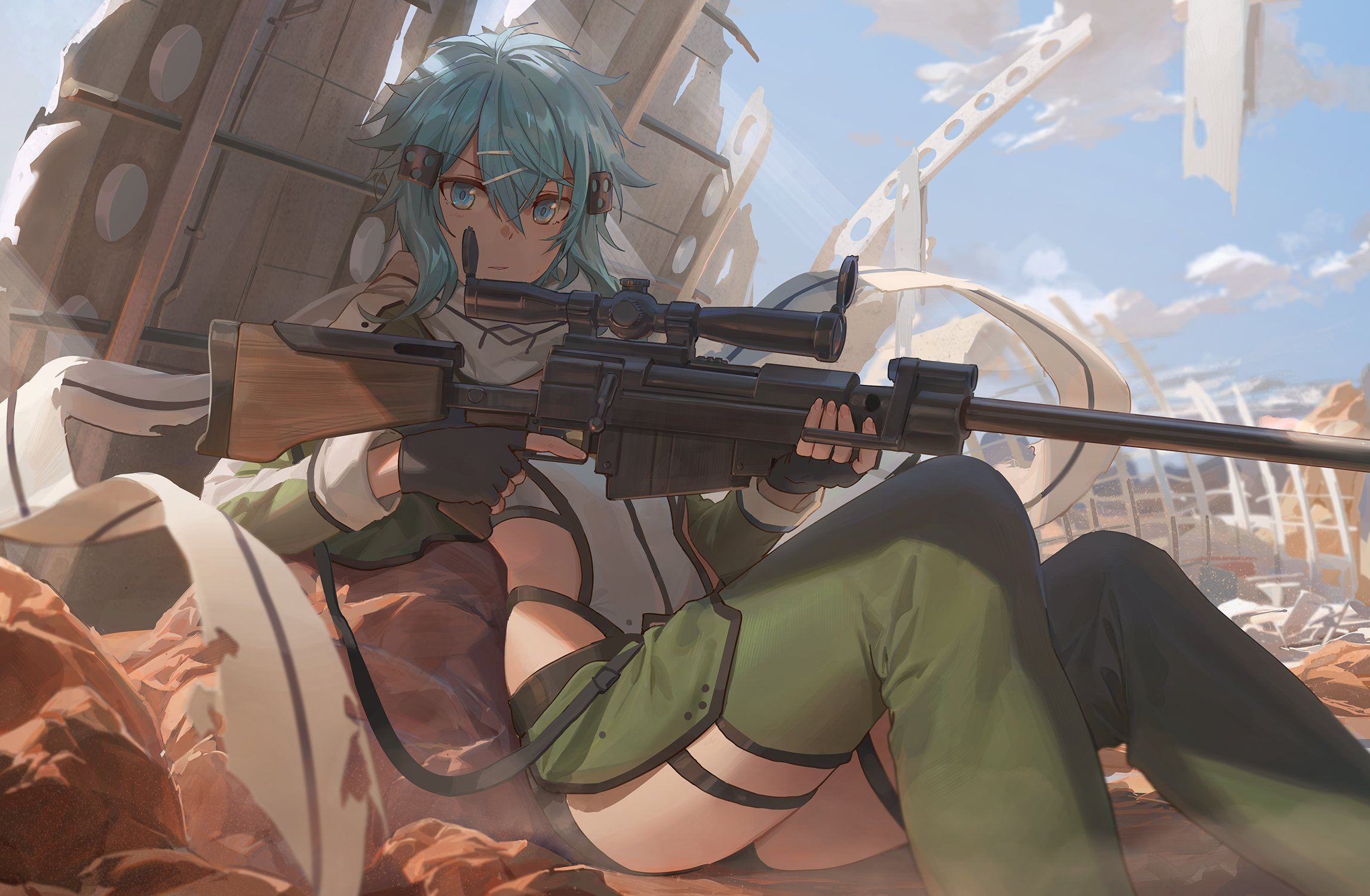 Anime Girls Sword Art Online Female Soldier Short Hair Aqua Hair Looking At Viewer Anime Girls With  2293x1500