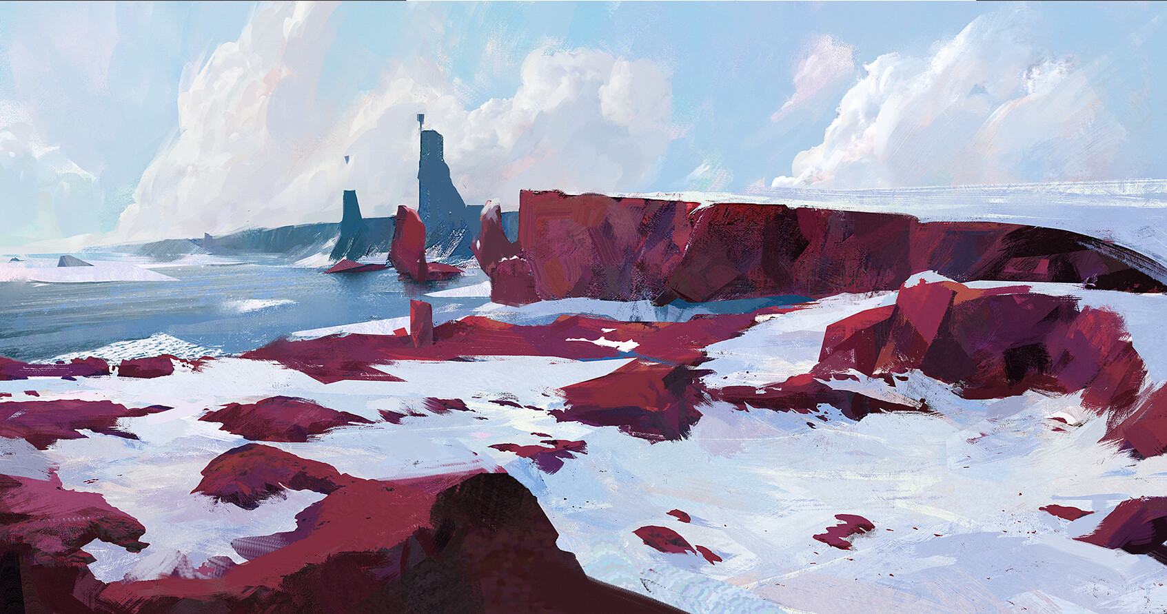 Liang Mark Digital Art Fantasy Art Clouds Red Snow Cliff Ocean View 1693x891