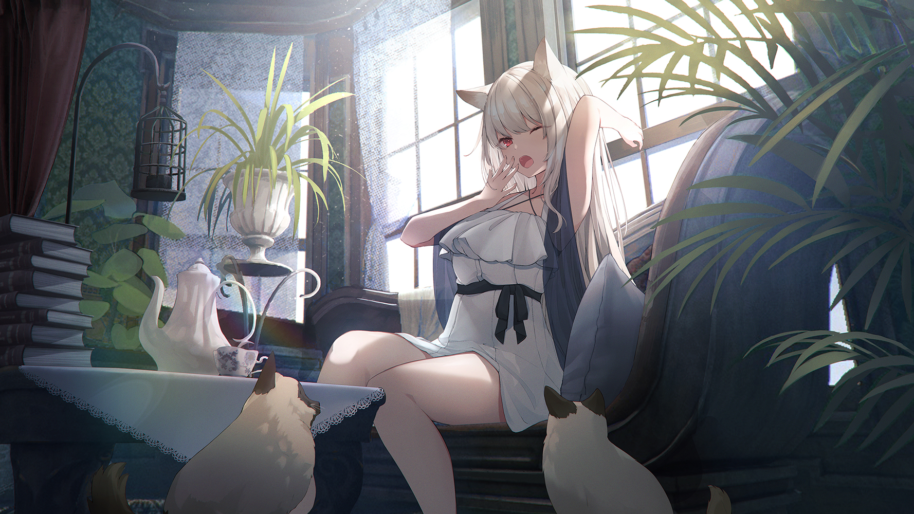 Anime Anime Girls Digital Art Artwork 2D Portrait Sagiri Ulpha220 Cats Cat Girl Yawning Silver Hair  1778x1000