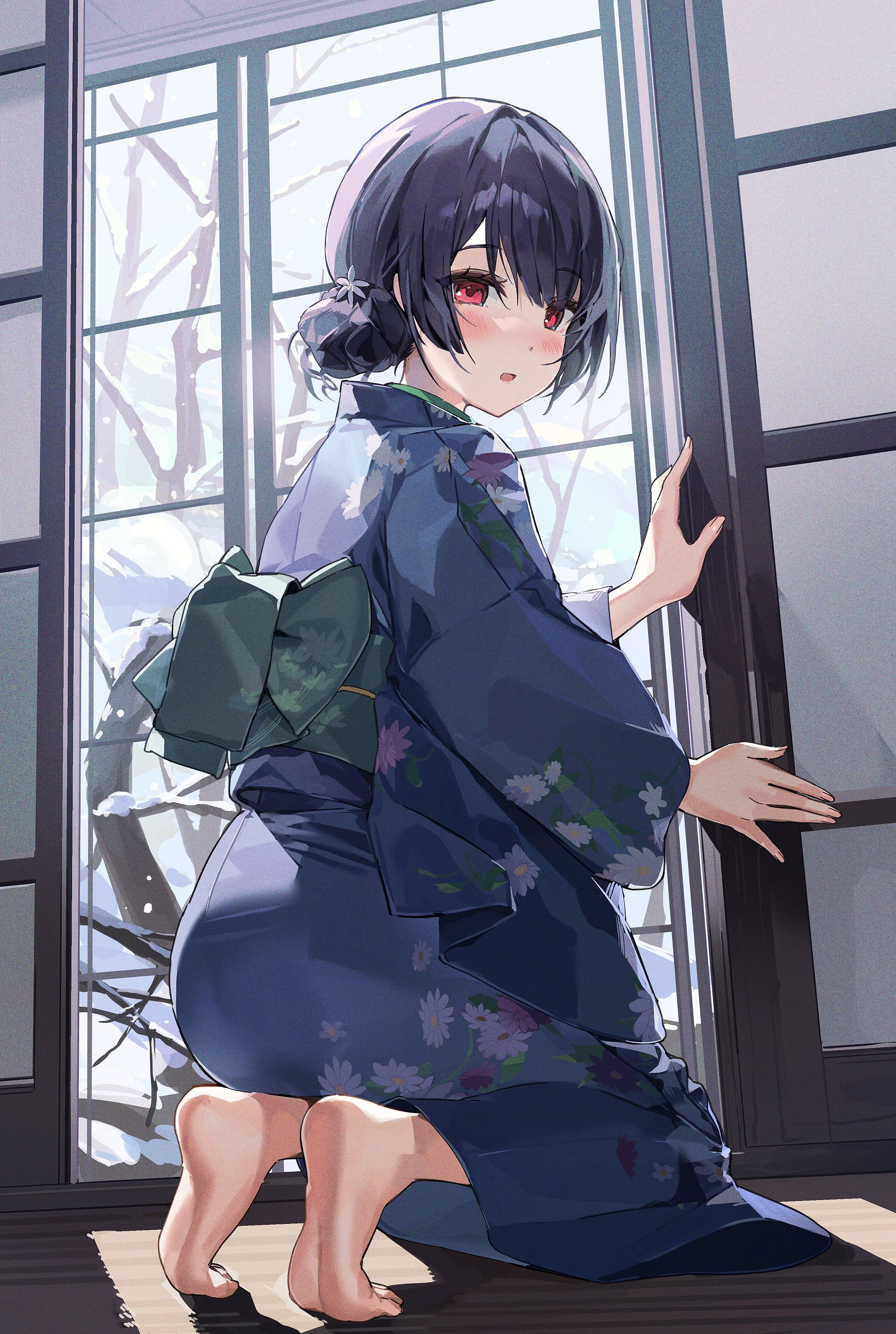 Anime Anime Girls Onew Artwork THE IDOLM STER Rinze Morino Dark Hair Red Eyes Blush Japanese Clothes 1800x2679