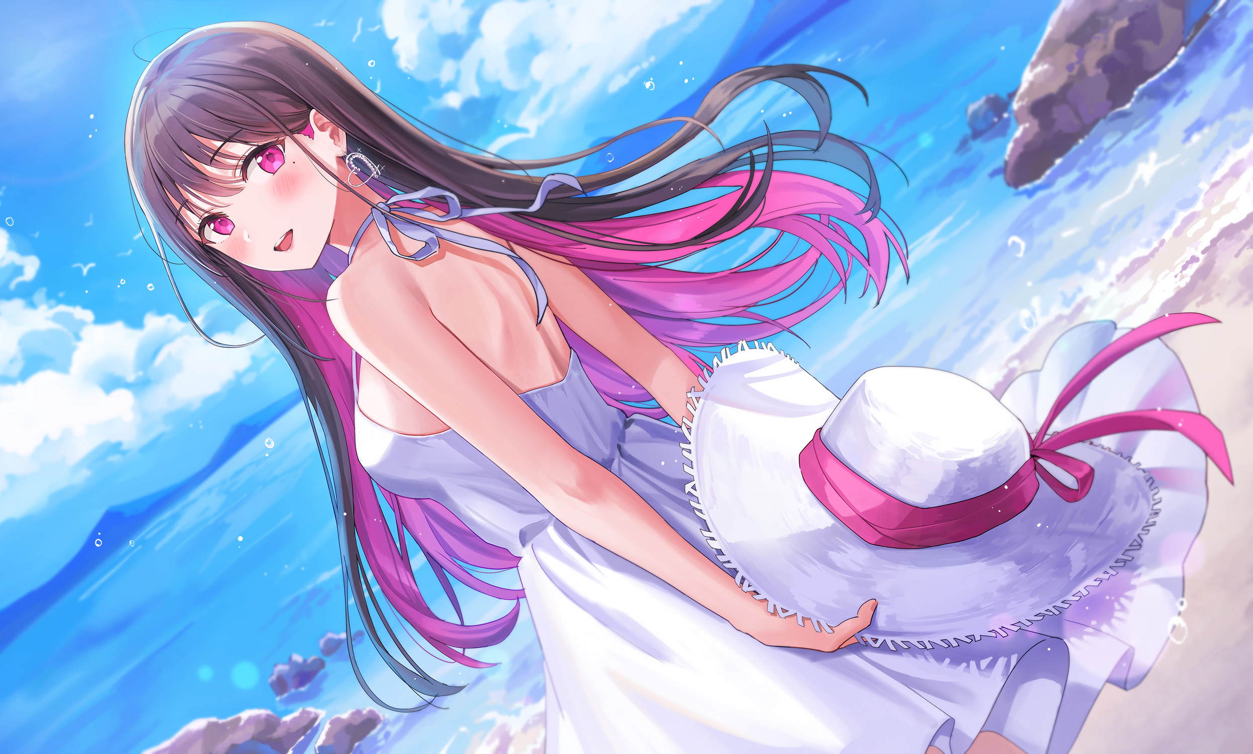 Beach Anime Girls Long Hair Dark Hair Multi Colored Hair Pink Hair Pink Eyes Blush Open Mouth Hat Su 2492x1500